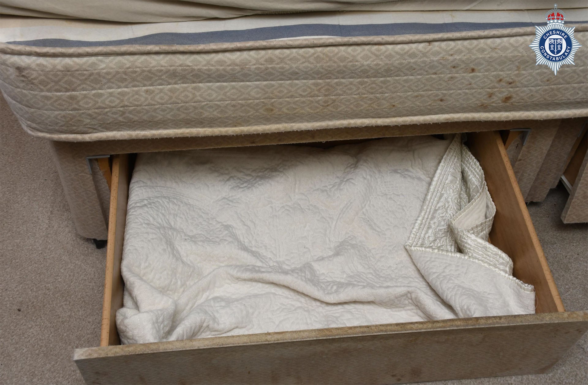 The drawer where the baby was kept under her mother’s bed until she was discovered by social services