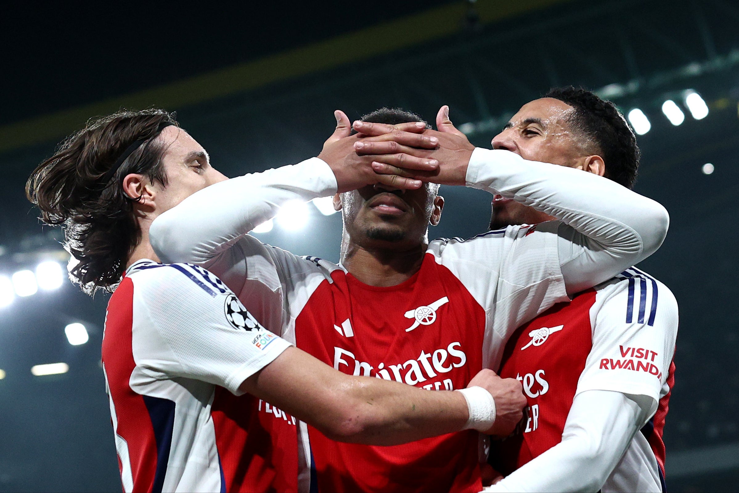 Arsenal defender Gabriel (centre) pinched the celebration of Sporting striker Viktor Gyokeres