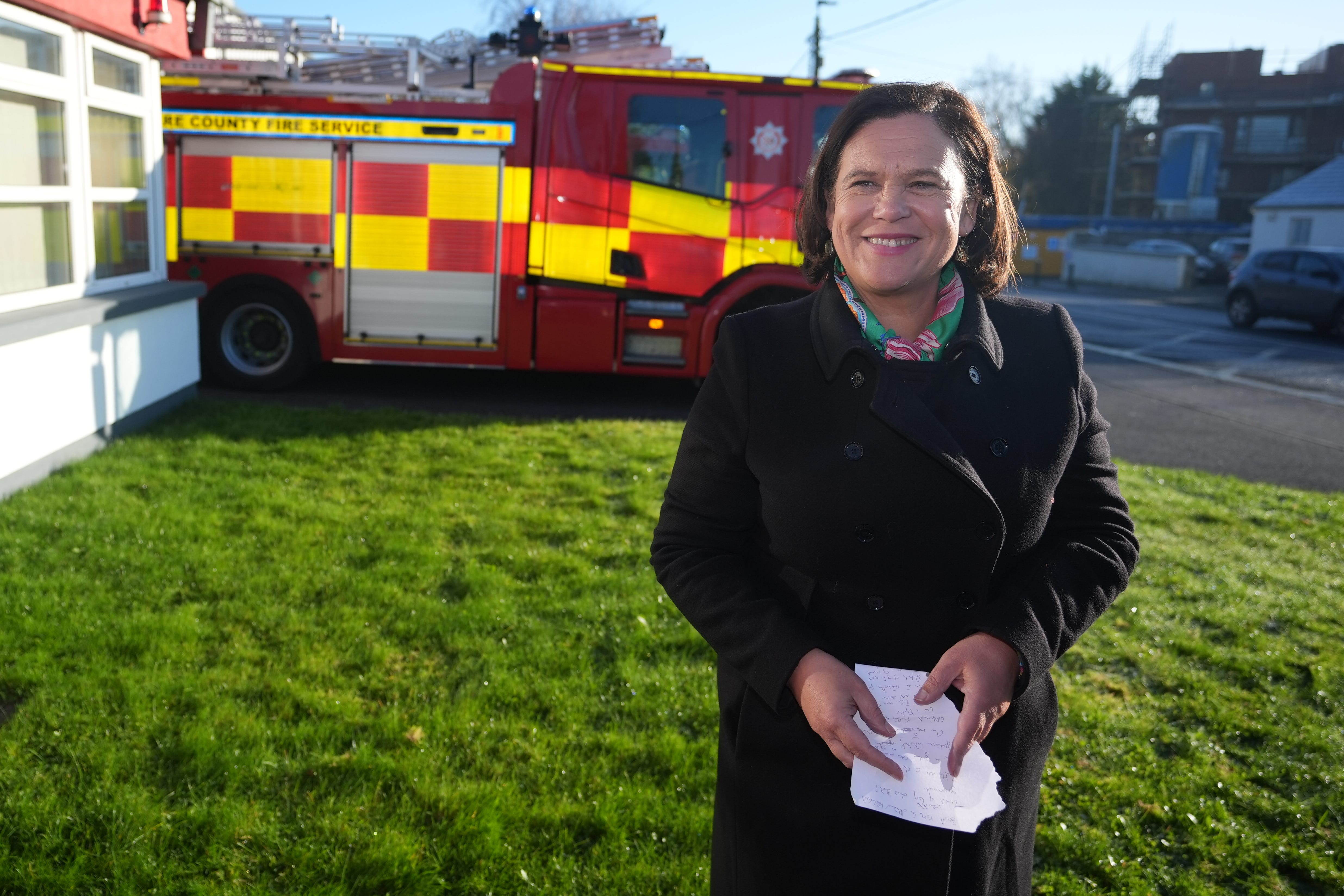 Sinn Fein leader Mary Lou McDonald during a visit to Naas Fire Station in Kildare, Ireland, ahead of the General Election on November 29 (Niall Carson/PA)