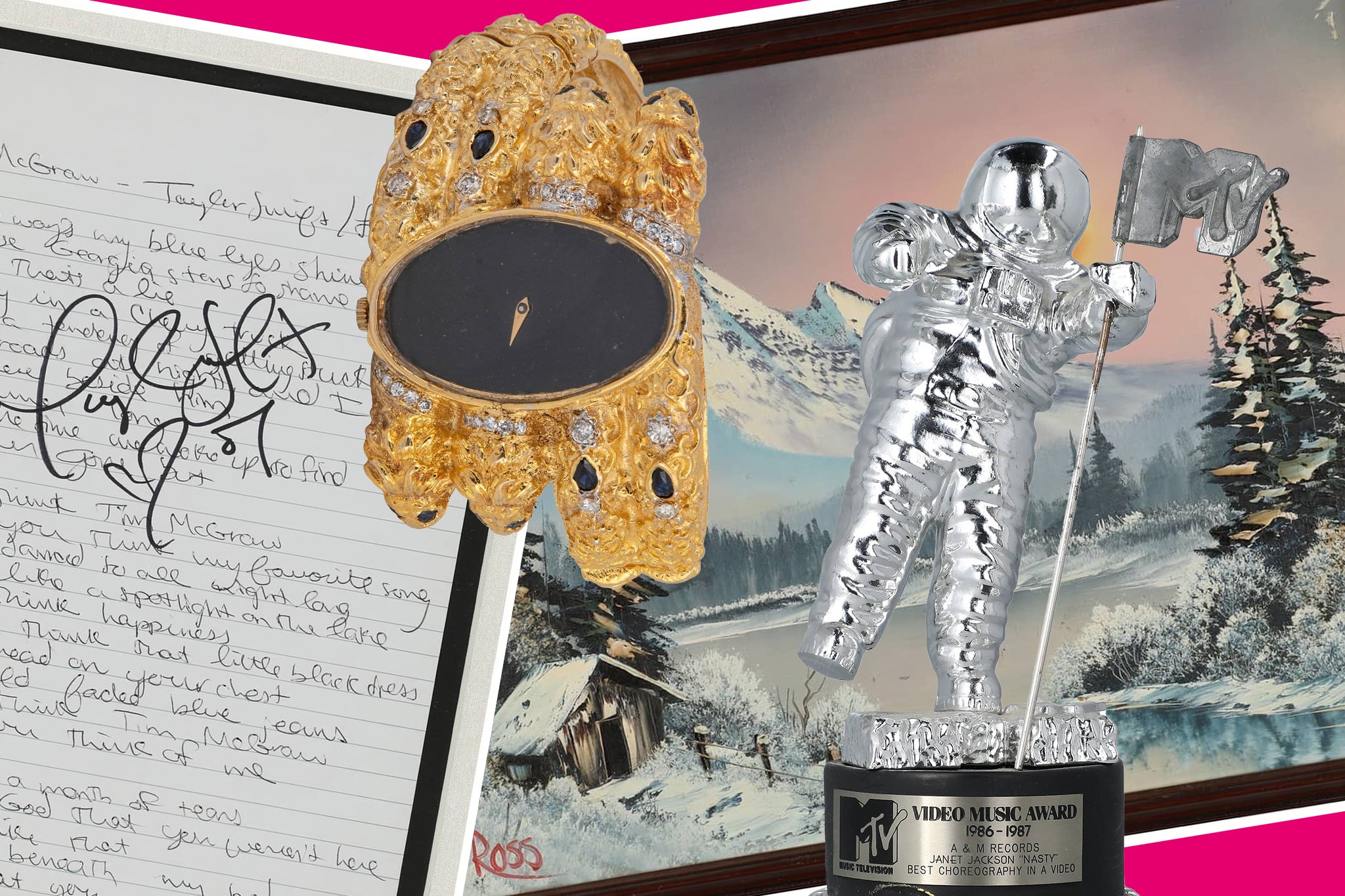 Goldin is auctioning off a golden watch belonging to Elvis Presley, signed hand-written lyrics by Taylor Swift, an original Bob Ross painting and more