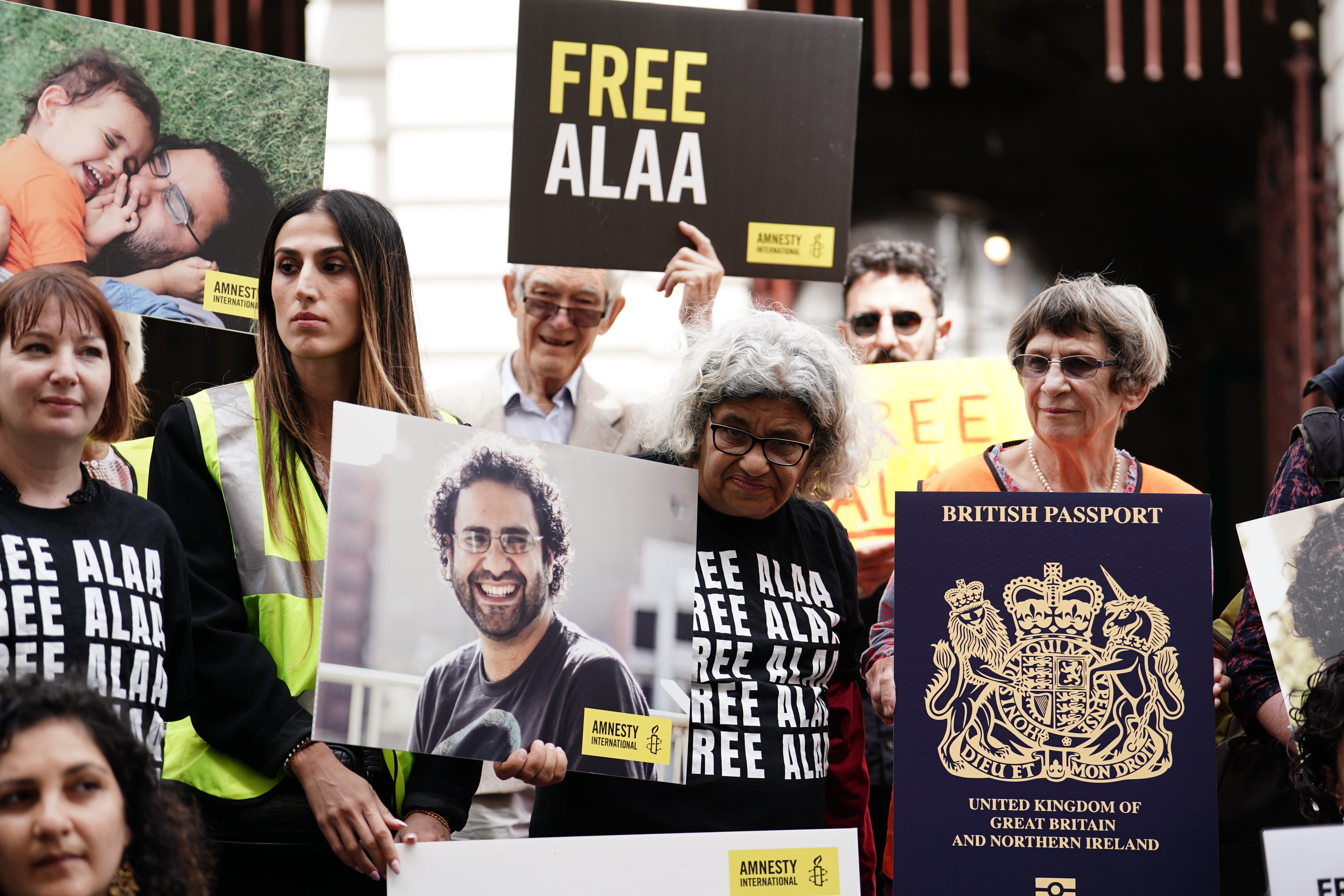 Laila Soueif (centre), the mother of British-Egyptian writer Alaa Abd el-Fattah, taking part in a vigil for the jailed pro-democracy activist outside the Foreign, Commonwealth and Development Office in Westminster in 2023 (Jordan Pettitt/PA)