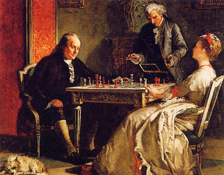 Benjamin Franklin, seen playing chess in this painting by Edward Harrison May, would not have the dexterity to compete at bullet chess — at least not without some practice.