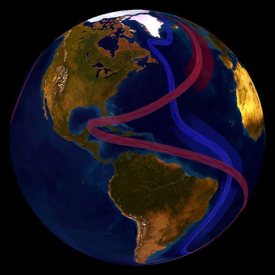 The global conveyor belt is shown, in part, on this map of the world. The Atlantic Meridional Overturning Circulation is part of this system of global ocean currents that heats the planet