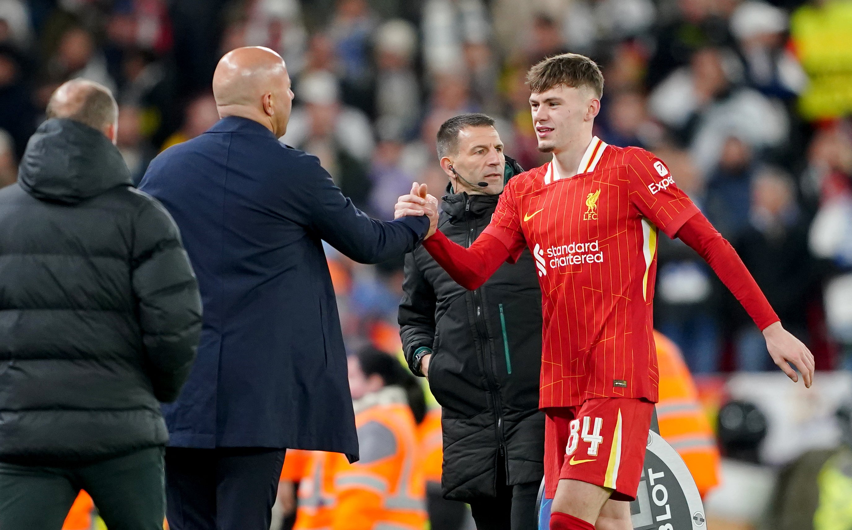 Liverpool’s Conor Bradley (right) is congratulated by manager Arne Slot (Peter Byrne/PA)