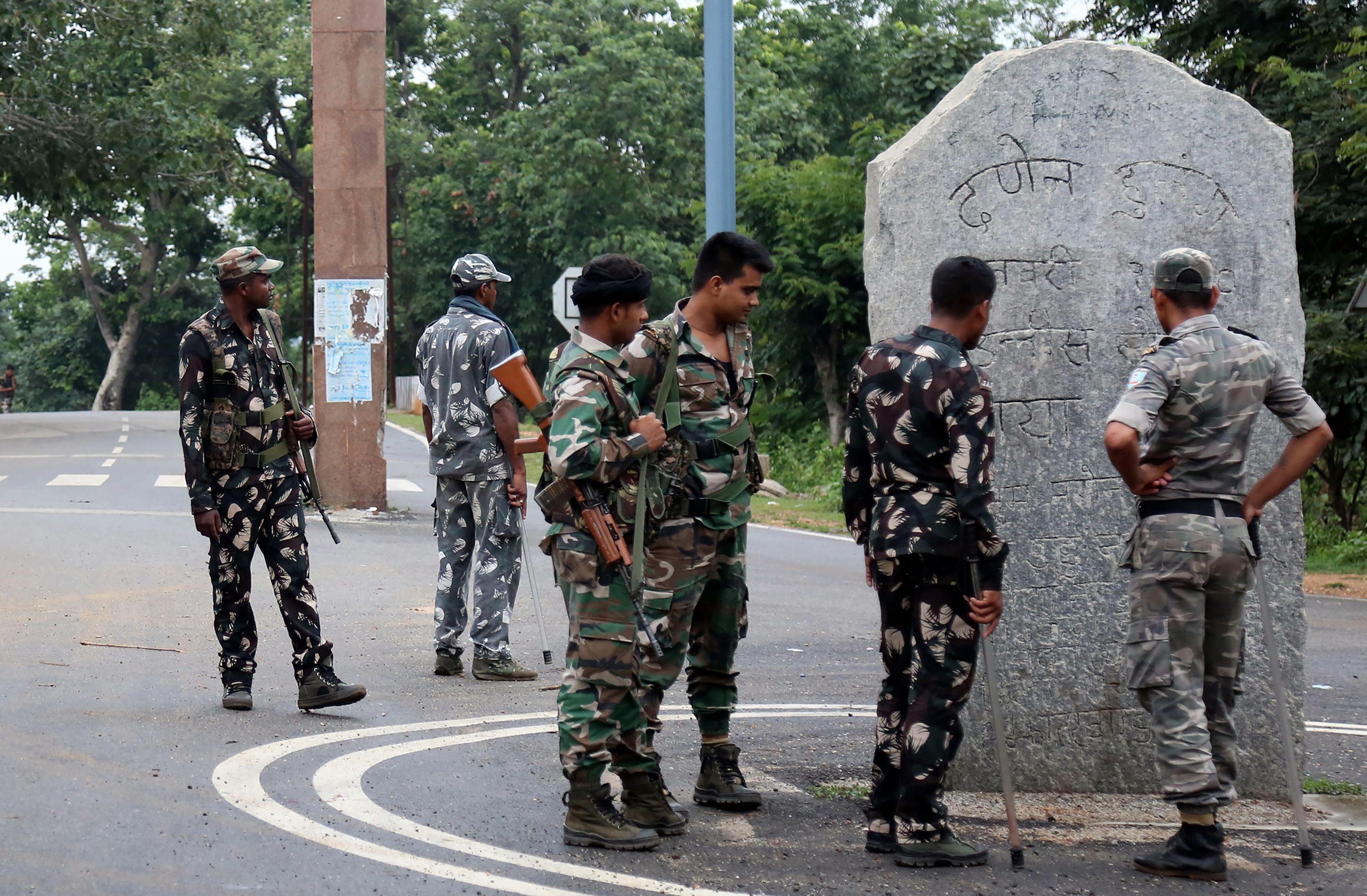 File: Indian security forces at the entrance to a tribal-dominated region in Khunti district in India’s eastern Jharkhand state