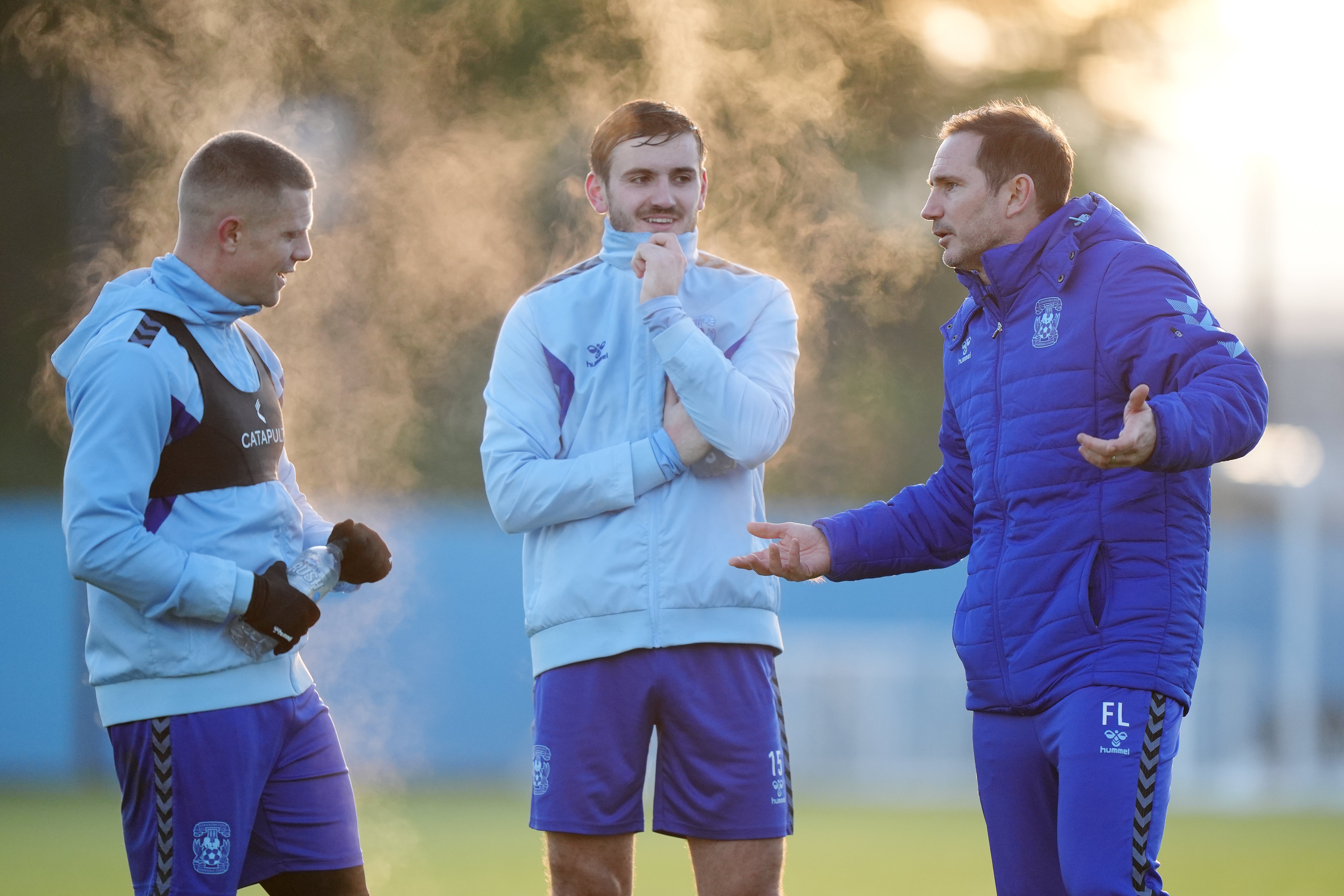 New Coventry City manager Frank Lampard (right), Liam Kitching (centre) and Jake Bidwell during a training session