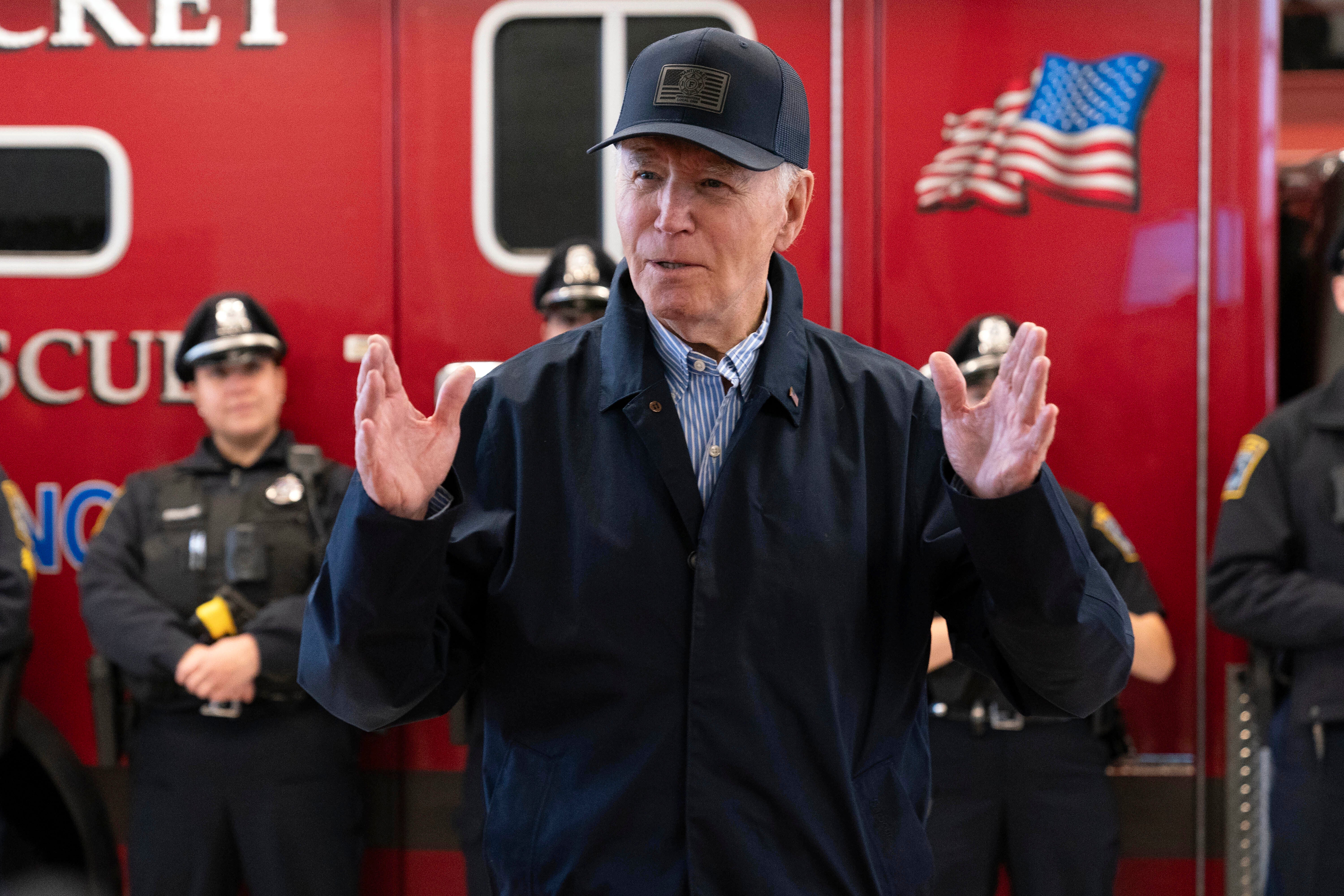 President Joe Biden talks to the media during a visit to Nantucket fire department on Thanksgiving day in Nantucket Mass.