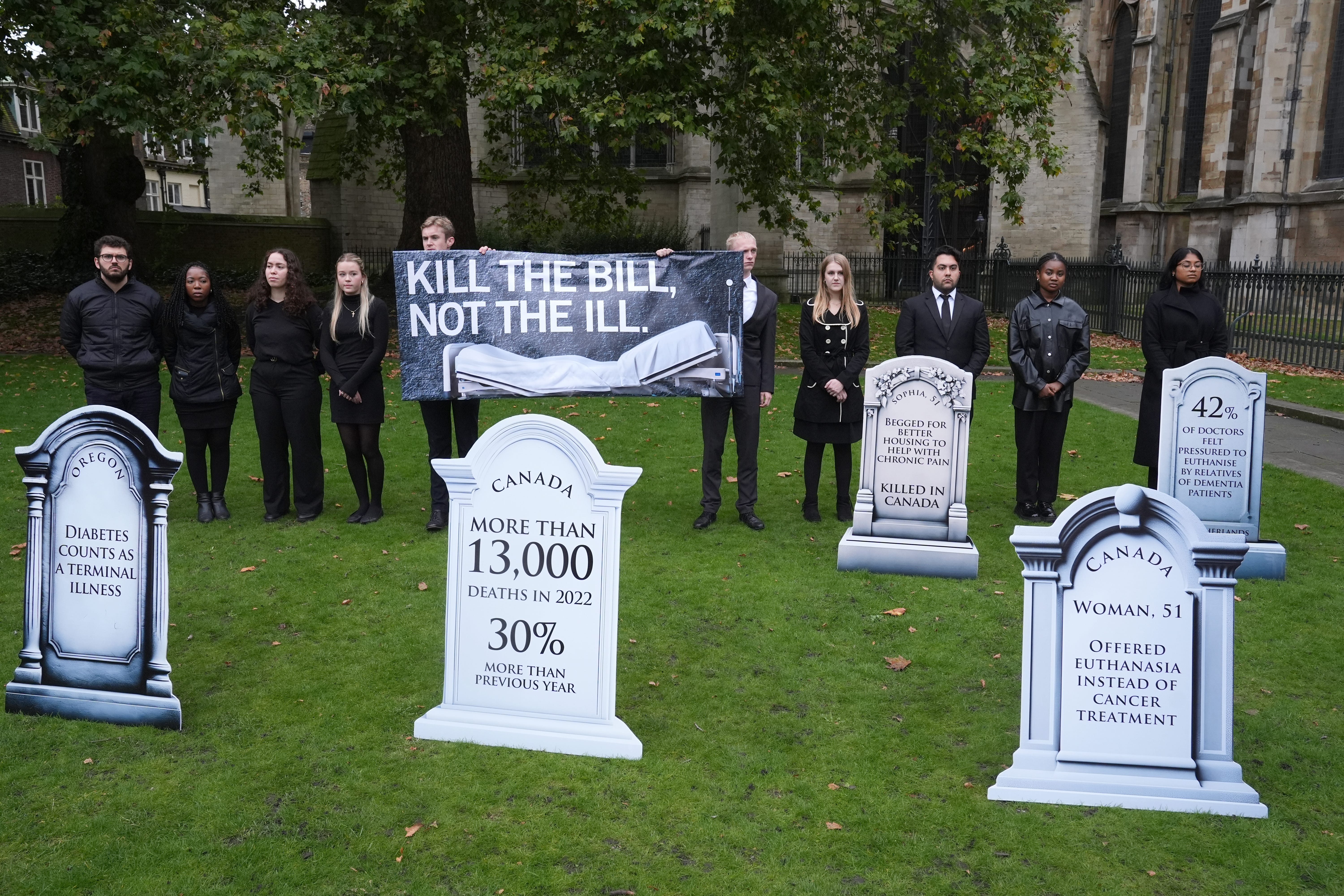 Members of Distant Voices, Christian Concern, the Christian Medical Fellowship and SPUC gather in Westminster (Lucy North/PA)