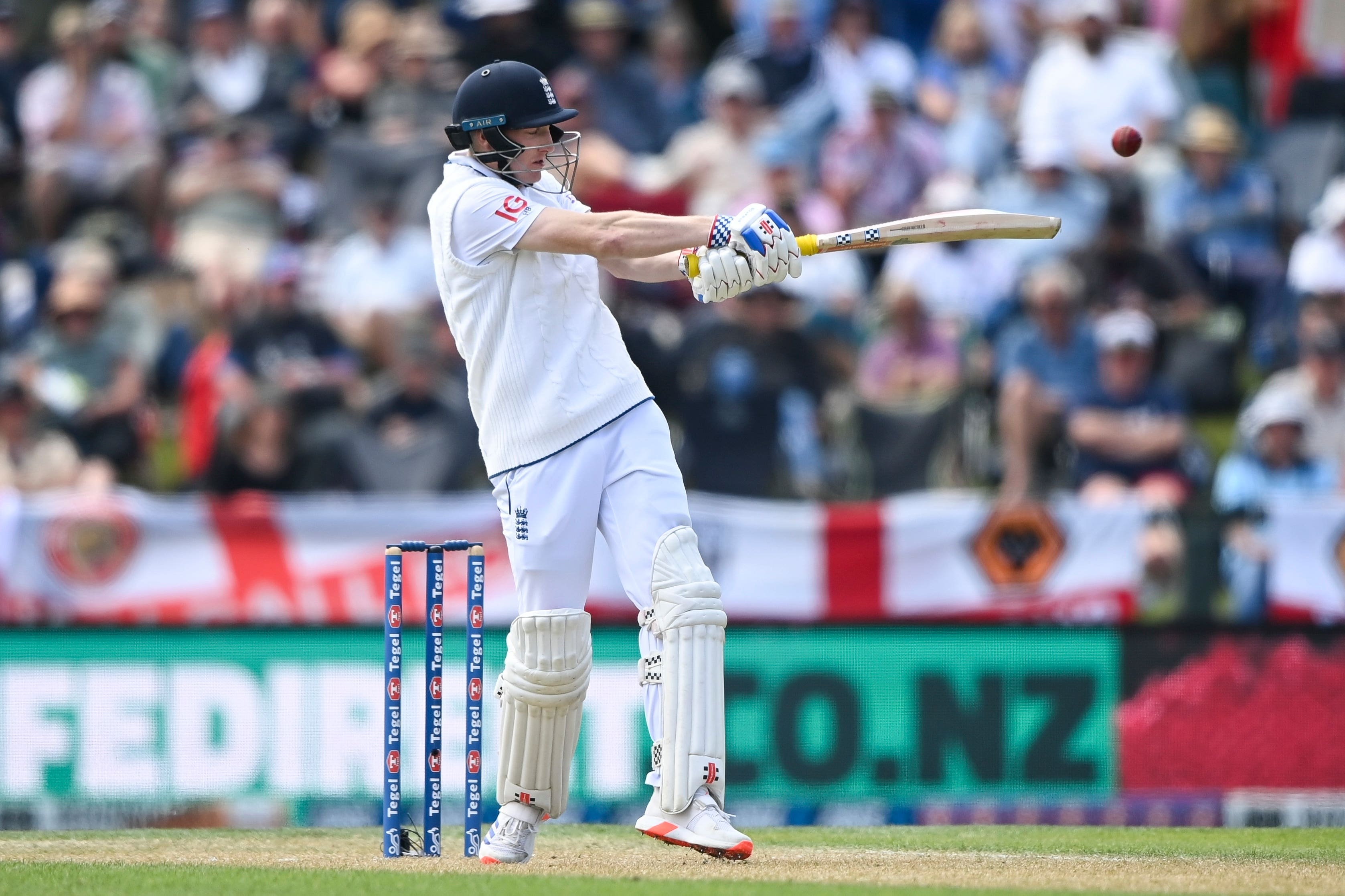 England’s Harry Brook bats on the second day of the first Test between England and New Zealand at Hagley Oval in Christchurch (John Davidson/Photosport/AP)