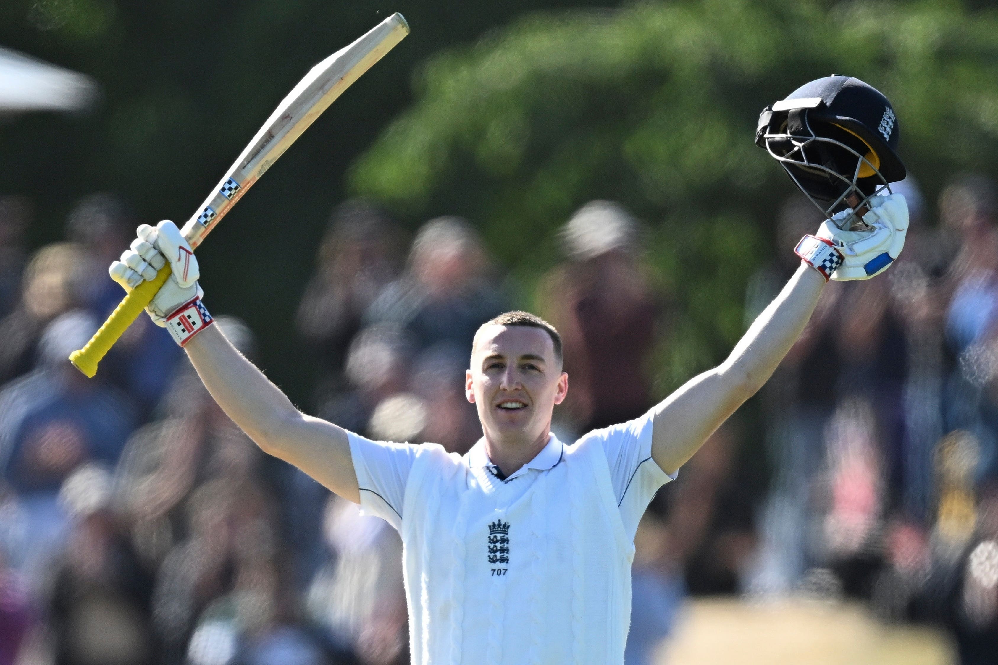 England’s Harry Brook celebrates after reaching his century (Andrew Cornaga/Photosport/AP)