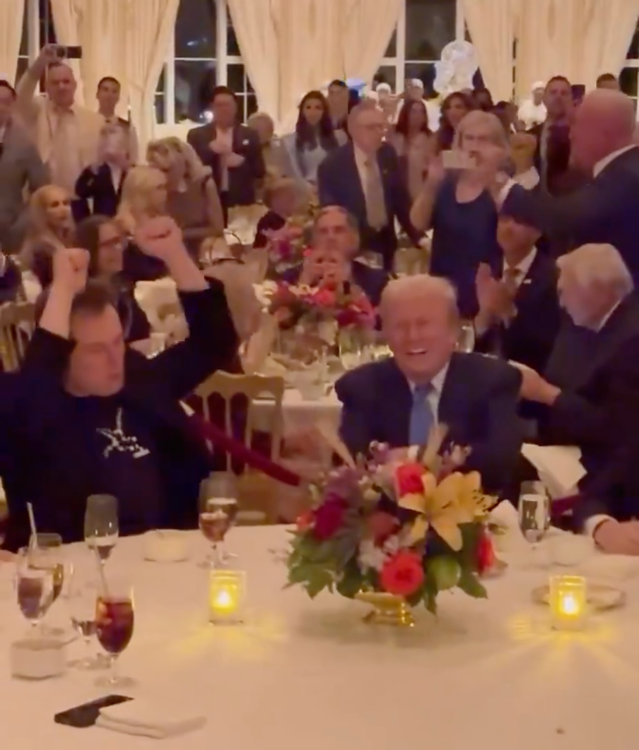 Musk responds by thrusting his arms in the air leaving Trump grinning