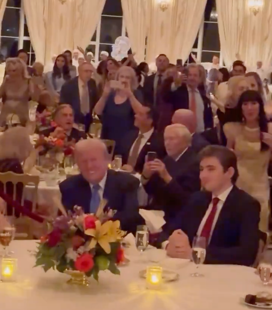 Barron Trump appears to flash an awkward smile as his father and Elon Musk dance to the Village People hit