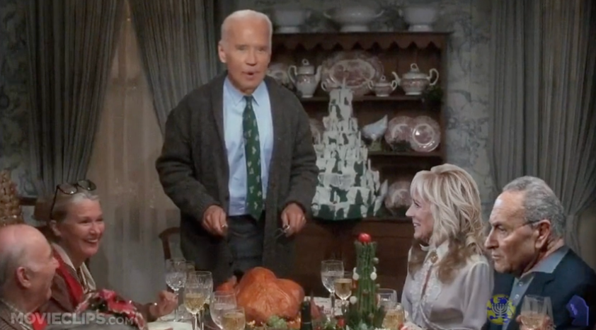 Biden's head is superimposed over the body of Chevy Chase, who plays Clark Griswold in the film