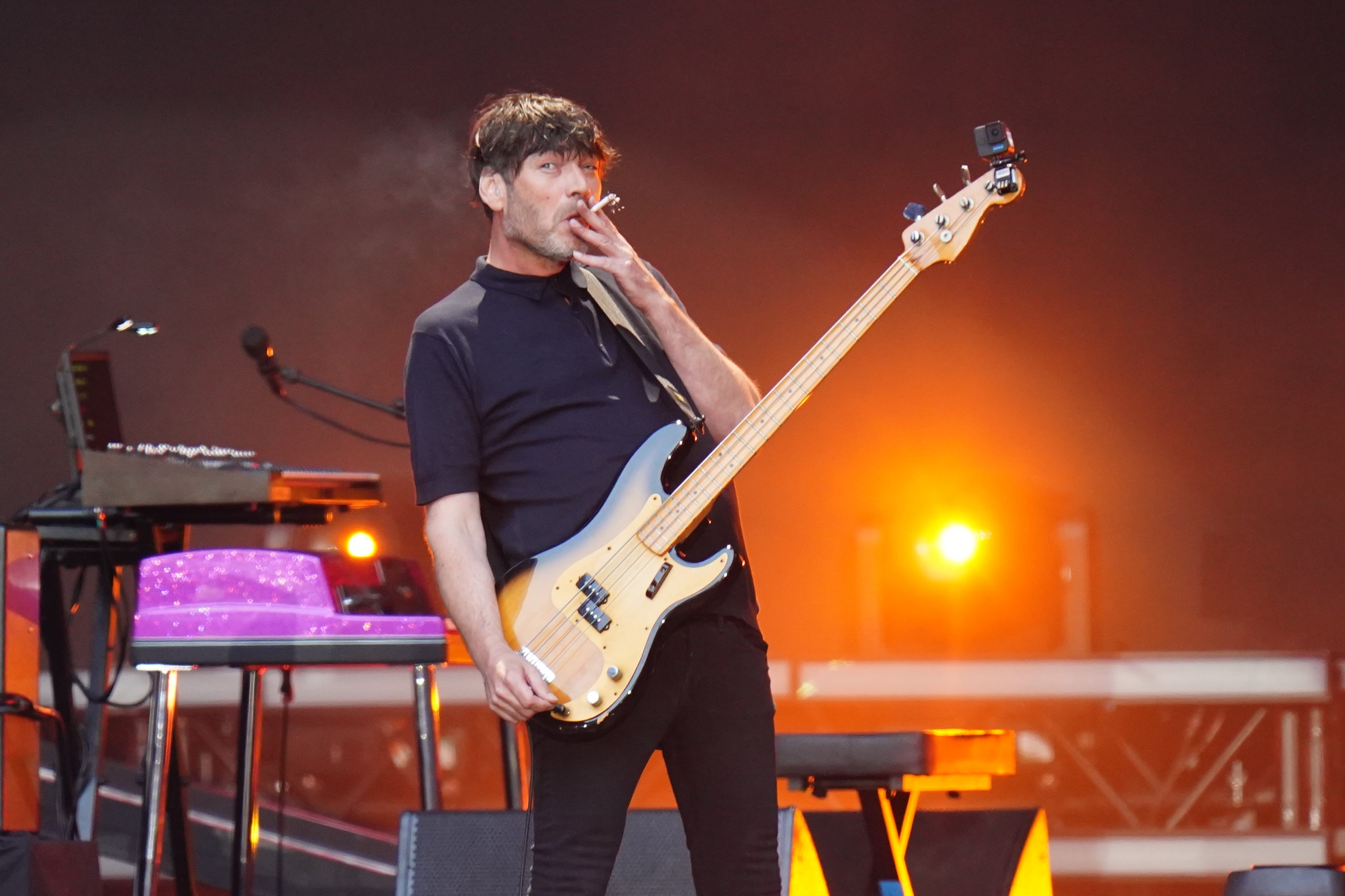 James performing with Blur at Wembley Stadium