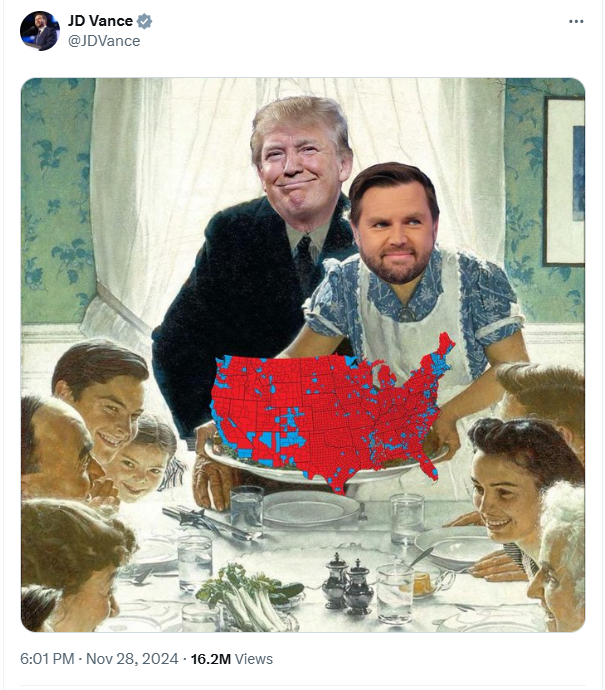 JD Vance posts satirical image of himself portraying Donald Trump’s wife serving Thanksgiving dinner