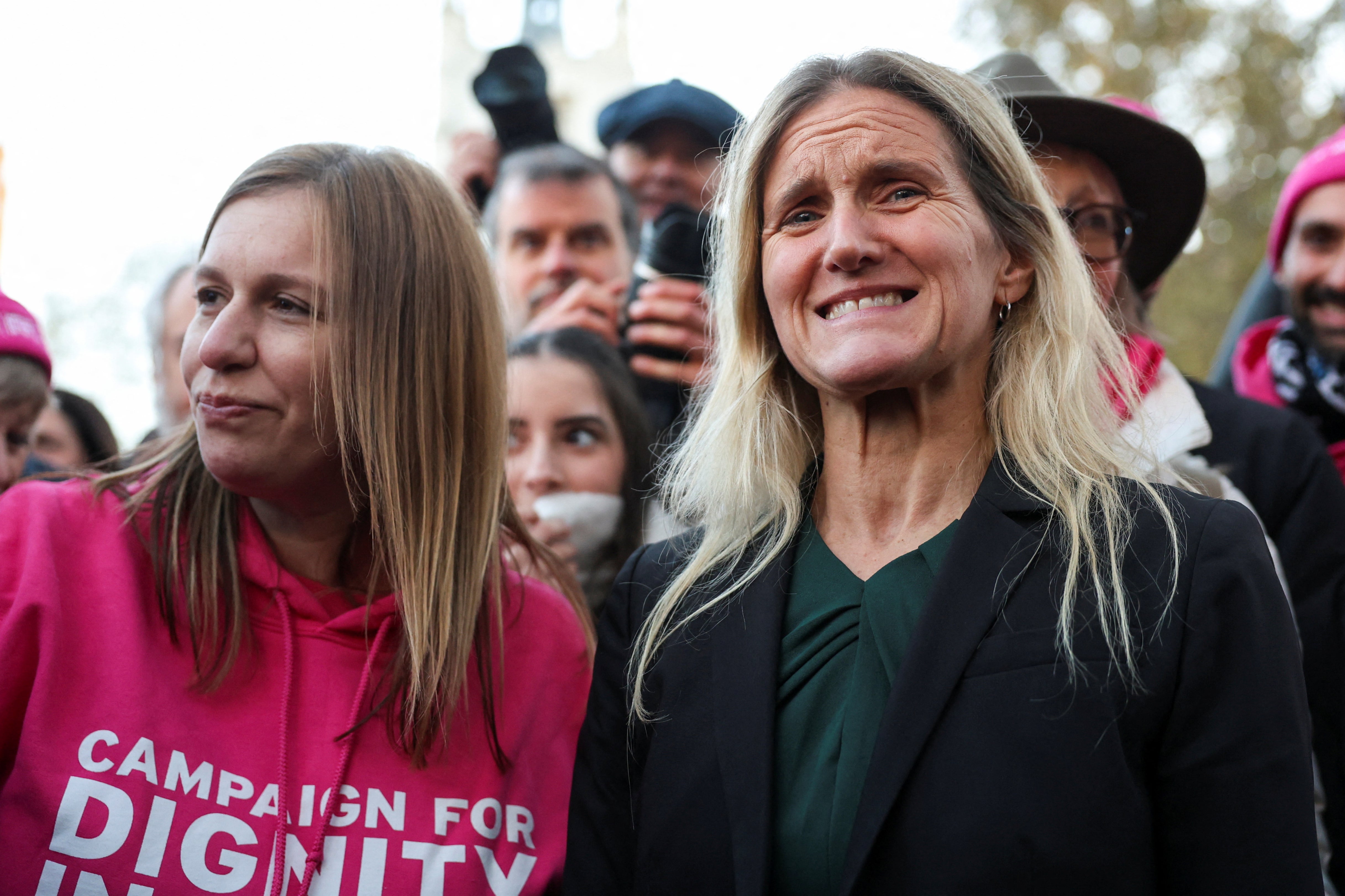 Kim Leadbeater, the Labour MP who put forward the bill, reacts during a demonstration in support of assisted dying outside parliament