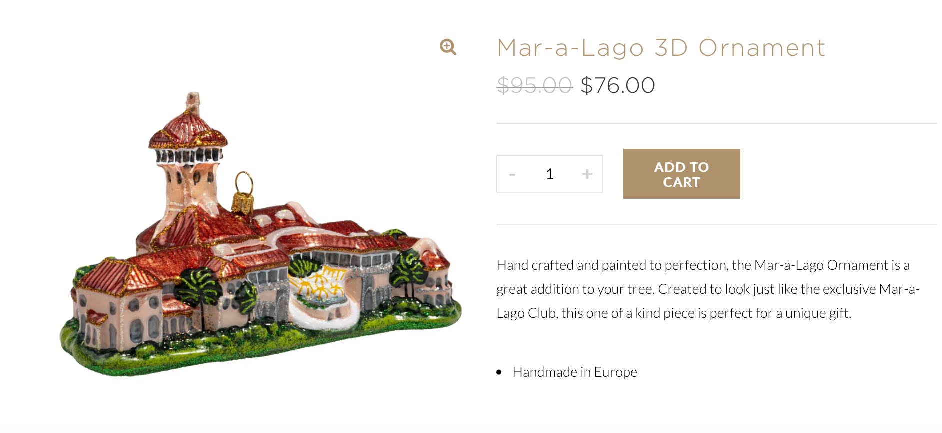 Baubles in the shape of Trump’s Mar-a-Lago, West Palm Beach, Florida, resort are on offer for nearly $100