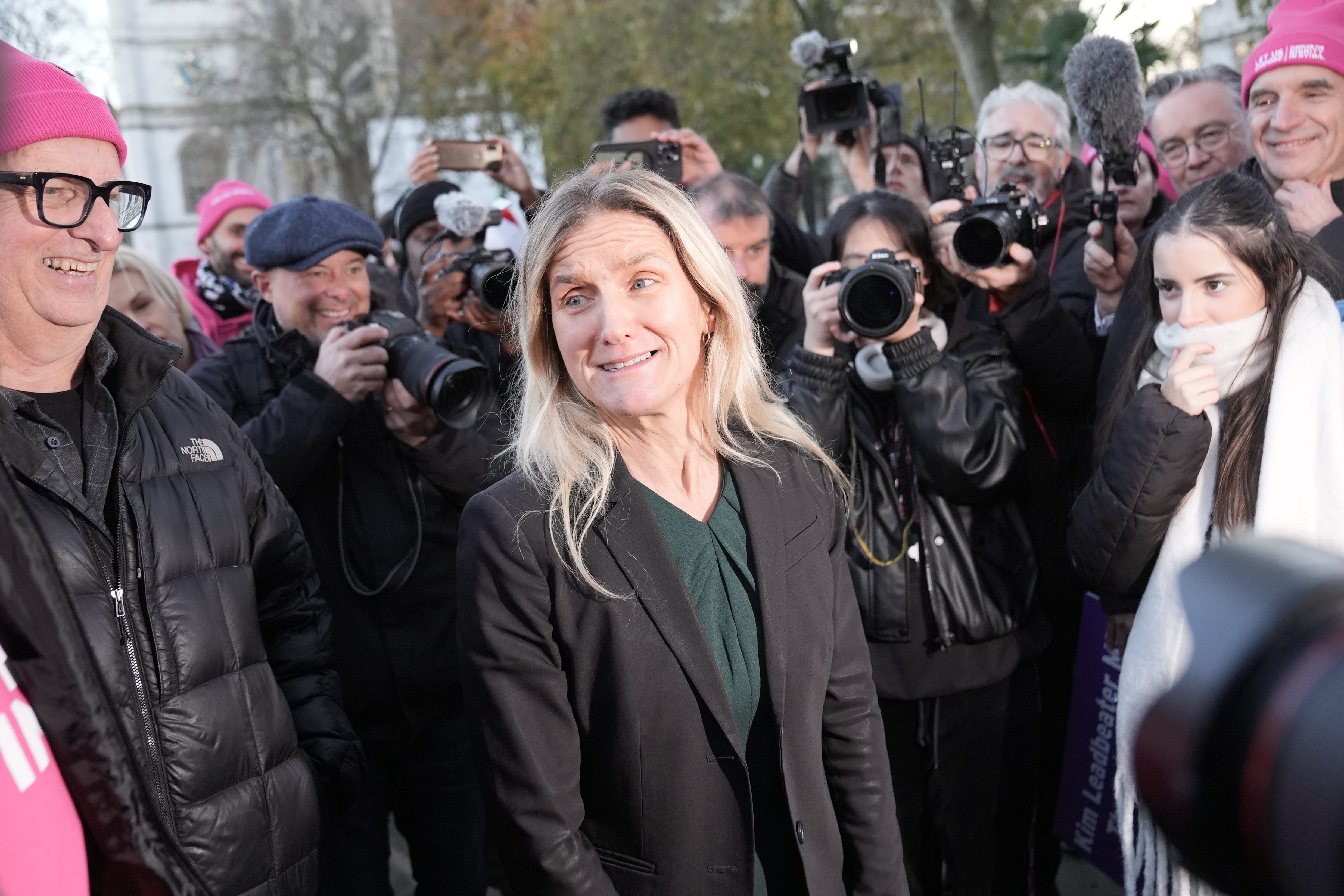 Labour MP Kim Leadbeater met supporters outside Parliament after her Bill passed its first vote (Stefan Rousseau/PA)