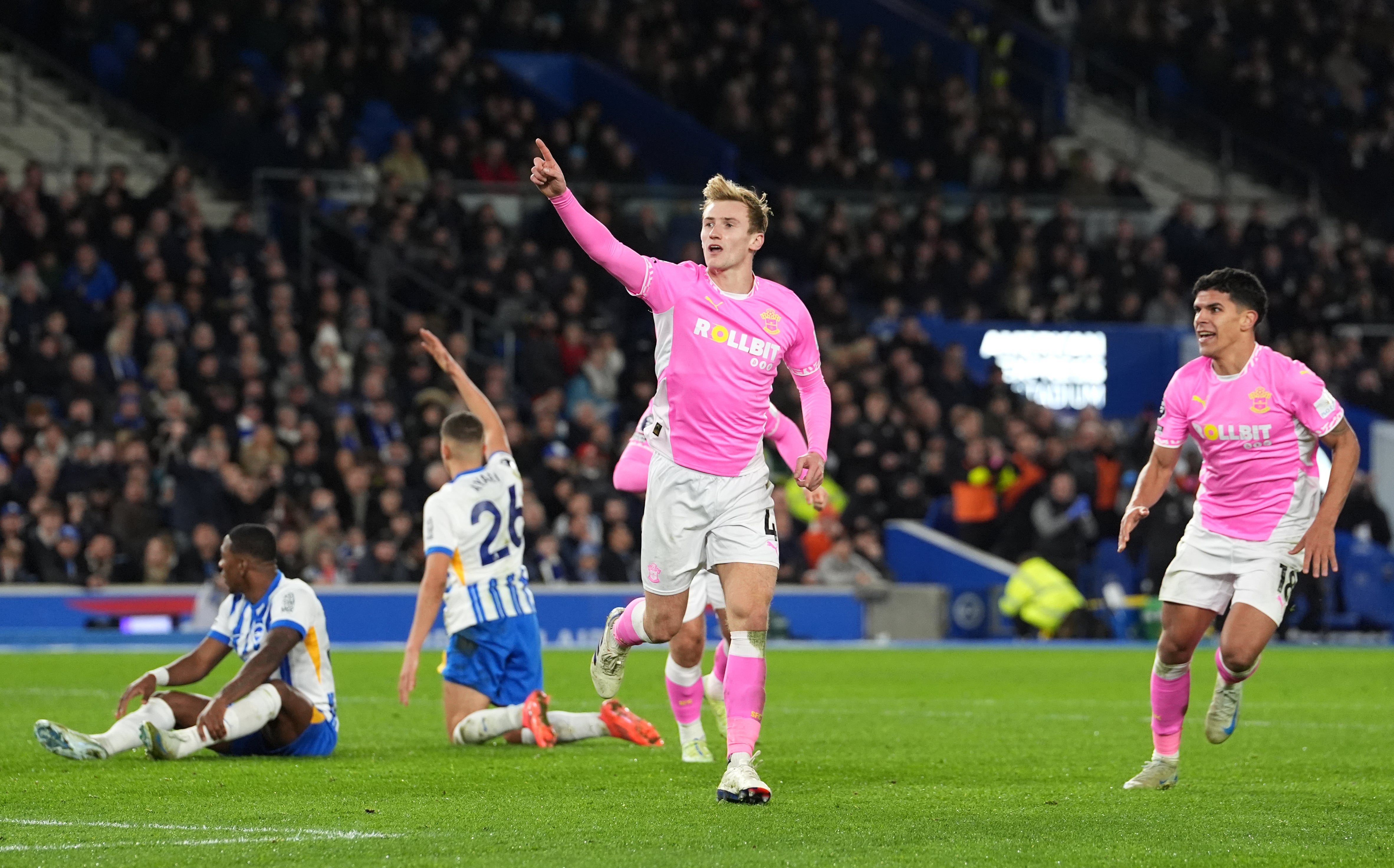 Southampton’s Flynn Downes, centre, celebrates his equaliser