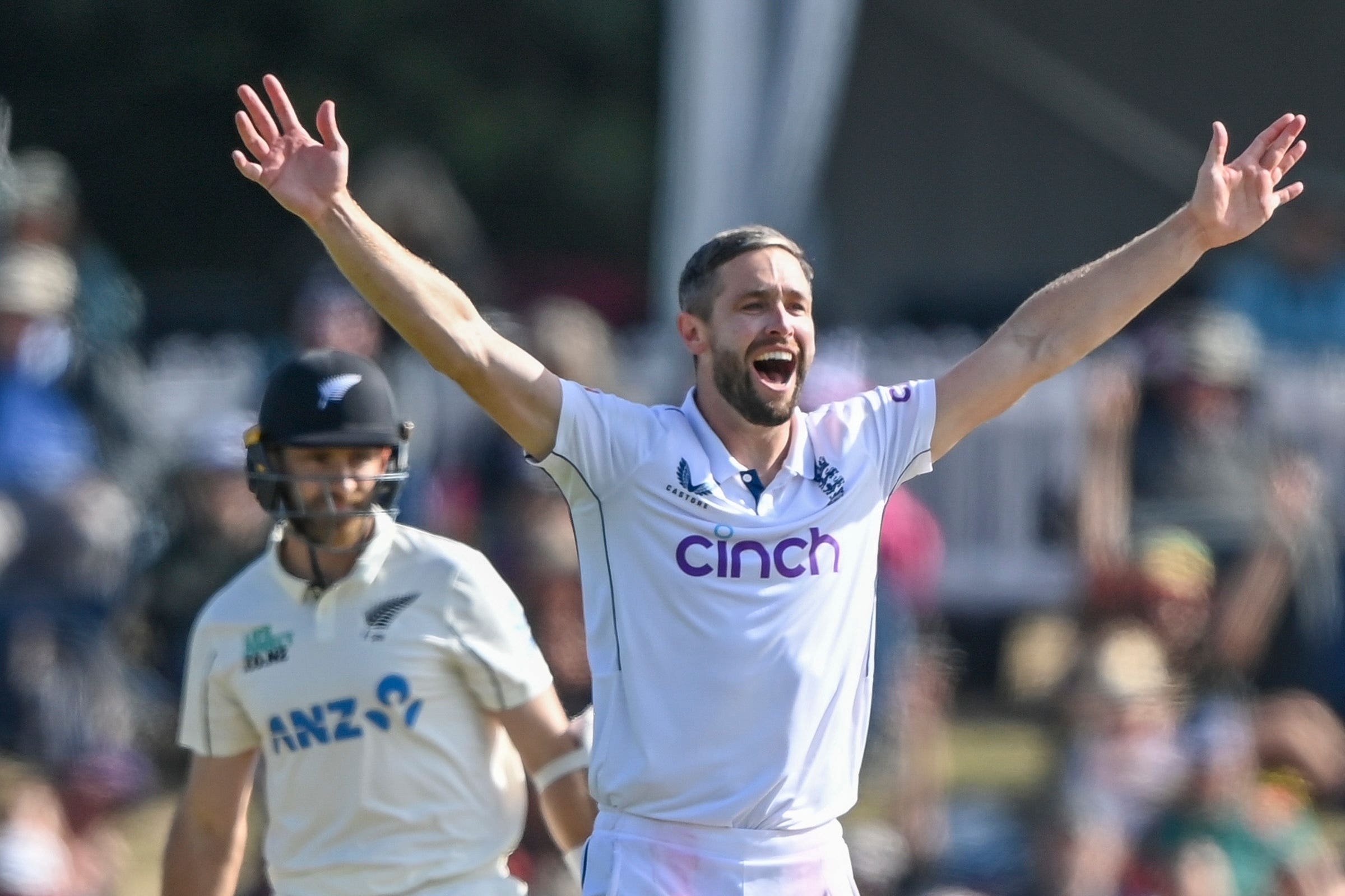 England’s Chris Woakes appeals successfully for the dismissal of New Zealand’s Kane Williamson (John Davidson/AP)