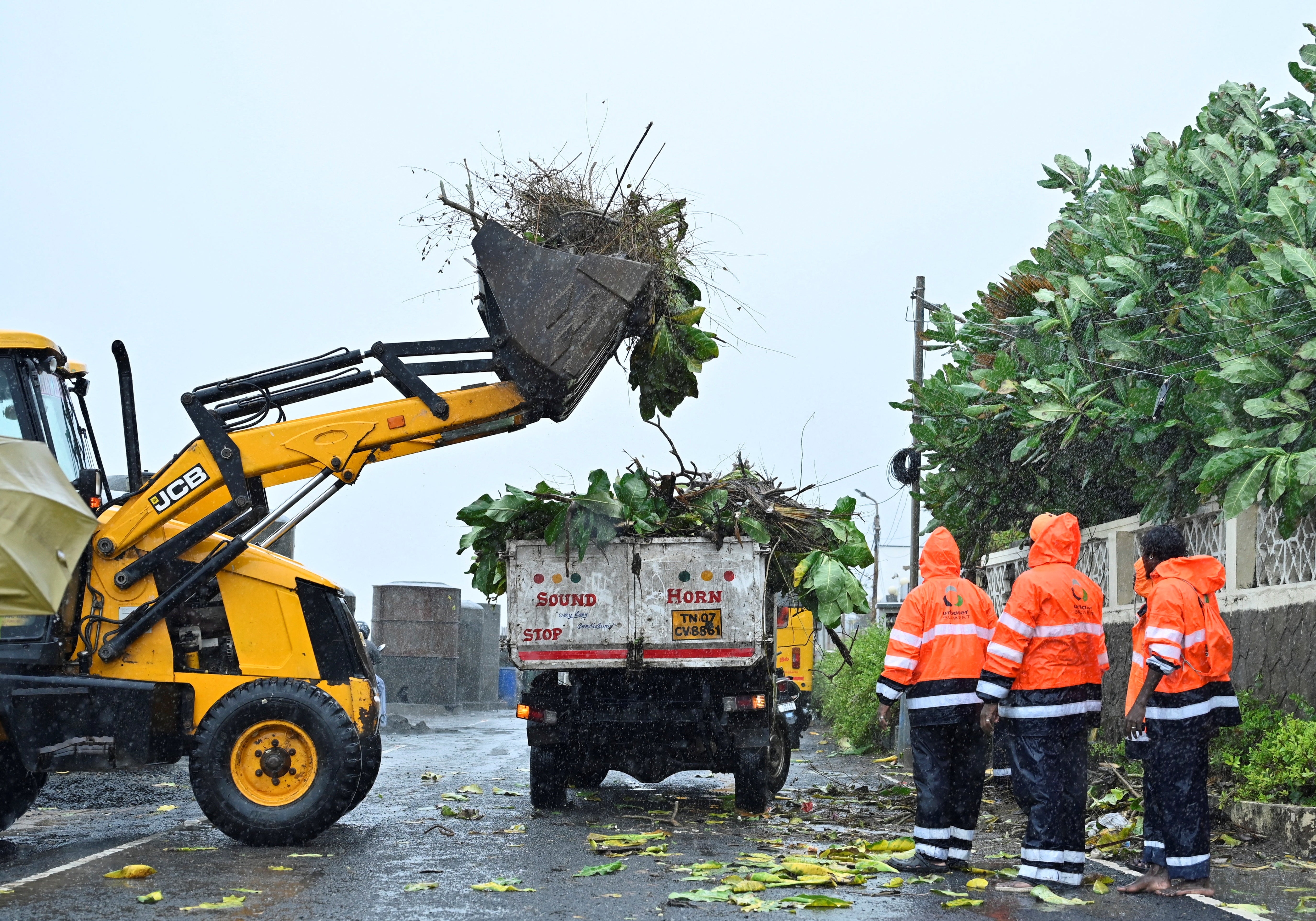 Municipal workers clear the debris of a fallen tree on a street following strong winds before cyclone Fengal approaches in Chennai