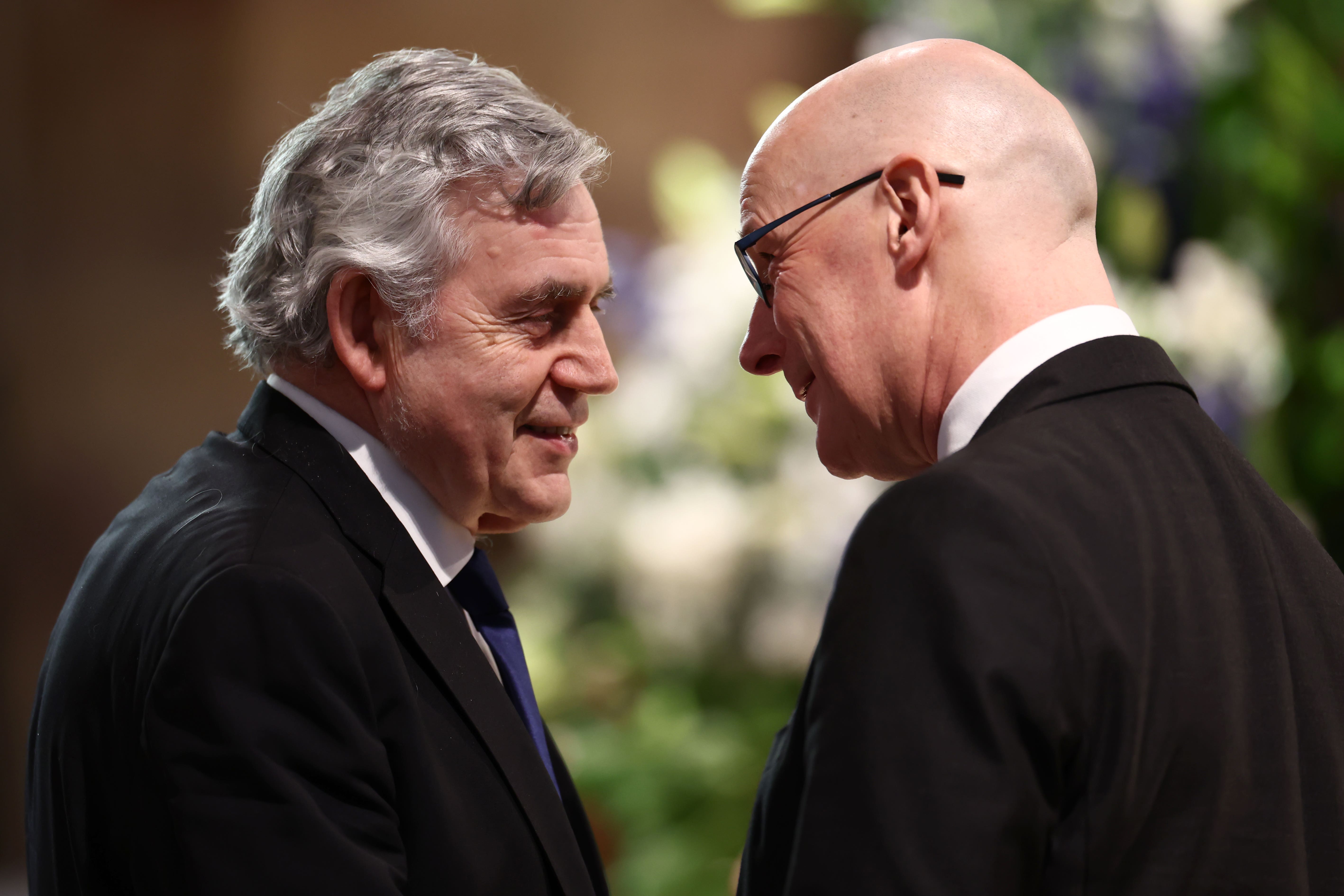 Former prime minister Gordon Brown and First Minister John Swinney at St Giles Cathedral in Edinburgh during the public memorial service for the former first minister of Scotland Alex Salmond (Jeff Mitchell/PA)