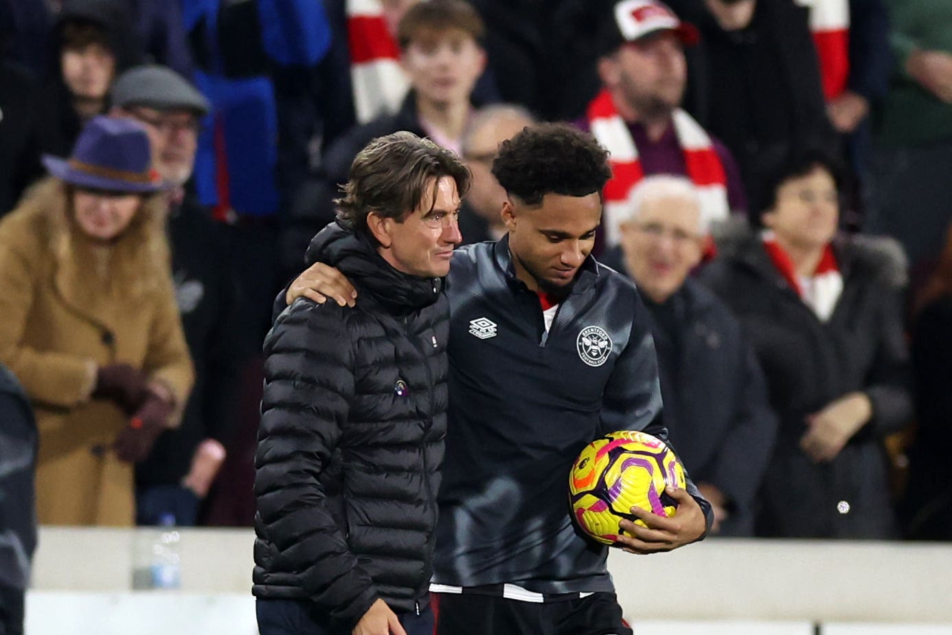 Kevin Schade with manager Thomas Frank and the match ball (Steven Paston/PA)