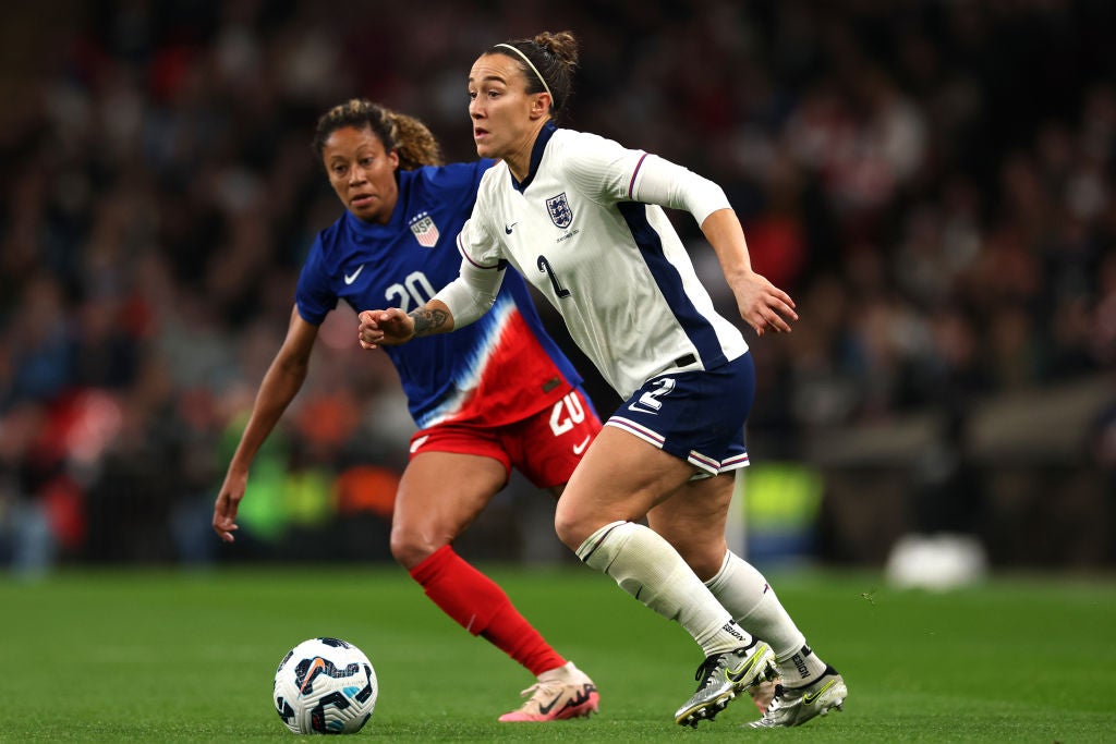 Lucy Bronze of England on the atack but the Lionesses had better defensive shape than in their defeat to Germany