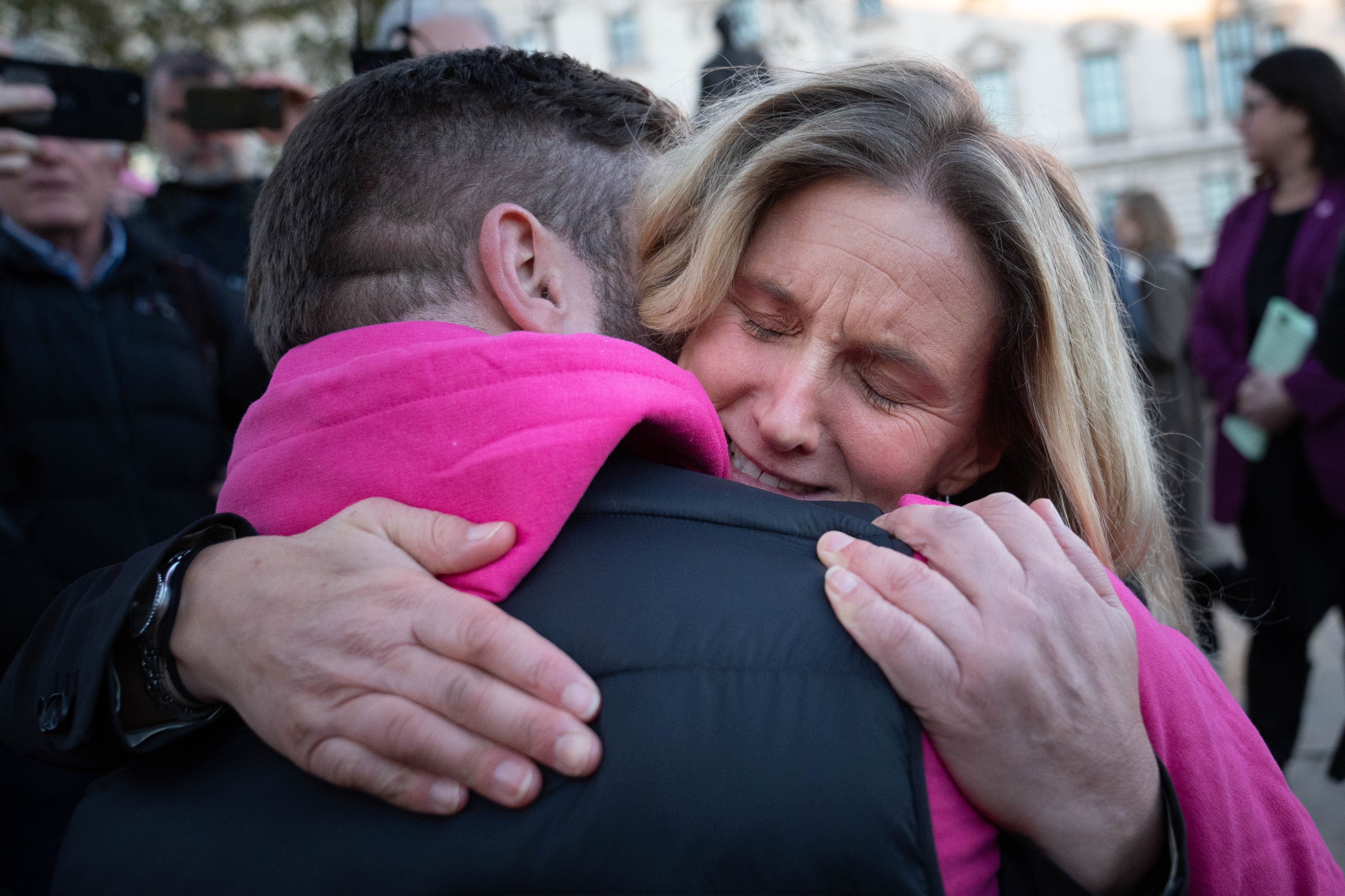 Kim Leadbeater joins supporters in Parliament Square in London after hearing the result of the vote for her Terminally Ill Adults (End of Life) Bill (Stefan Rousseau/PA)