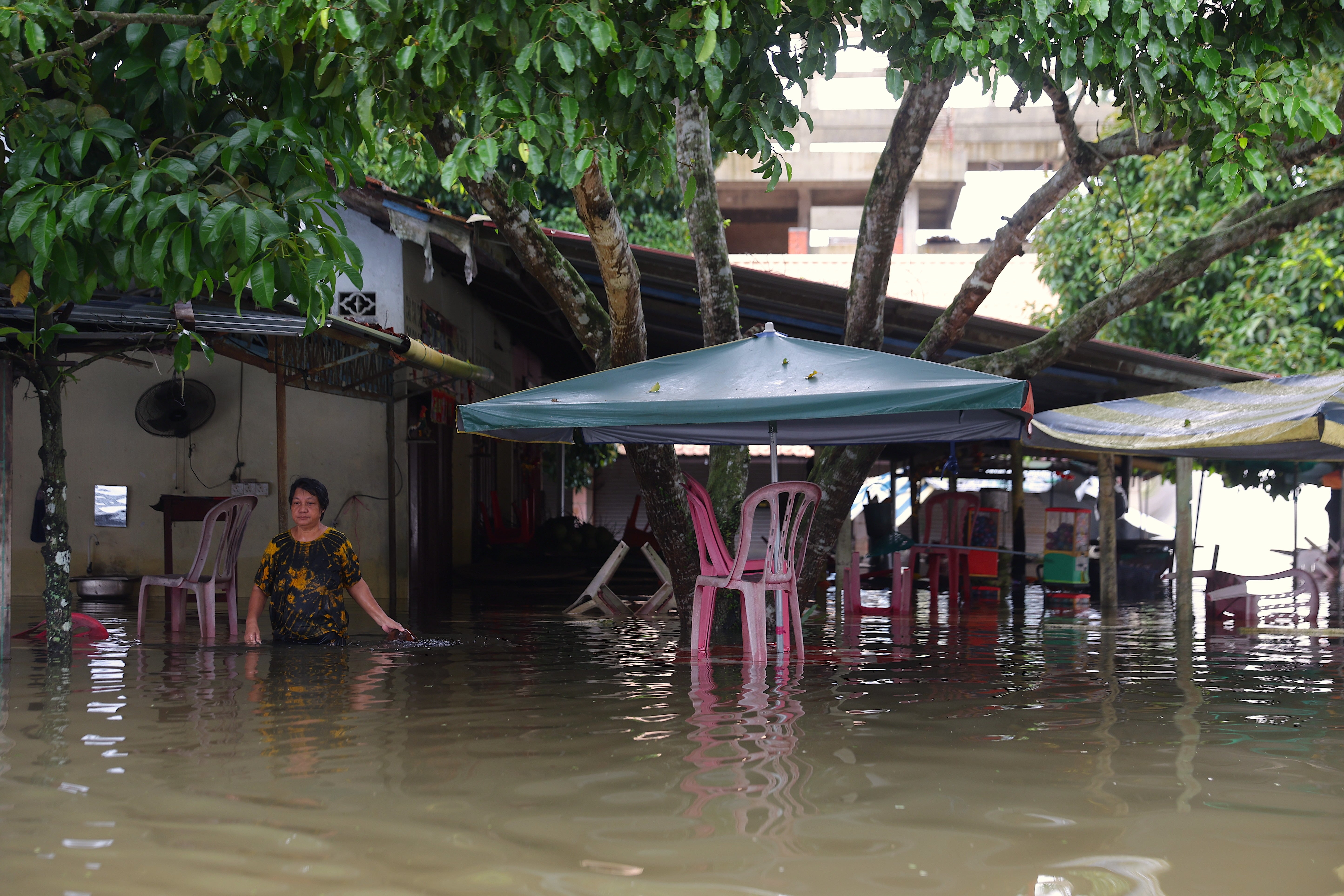 A woman walks in a submerged restaurant during flooding in Tumpat, state of Kelantan, Malaysia