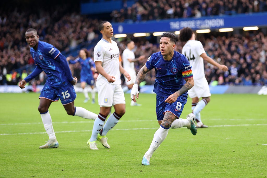 Enzo Fernandez celebrates scoring Chelsea’s second goal