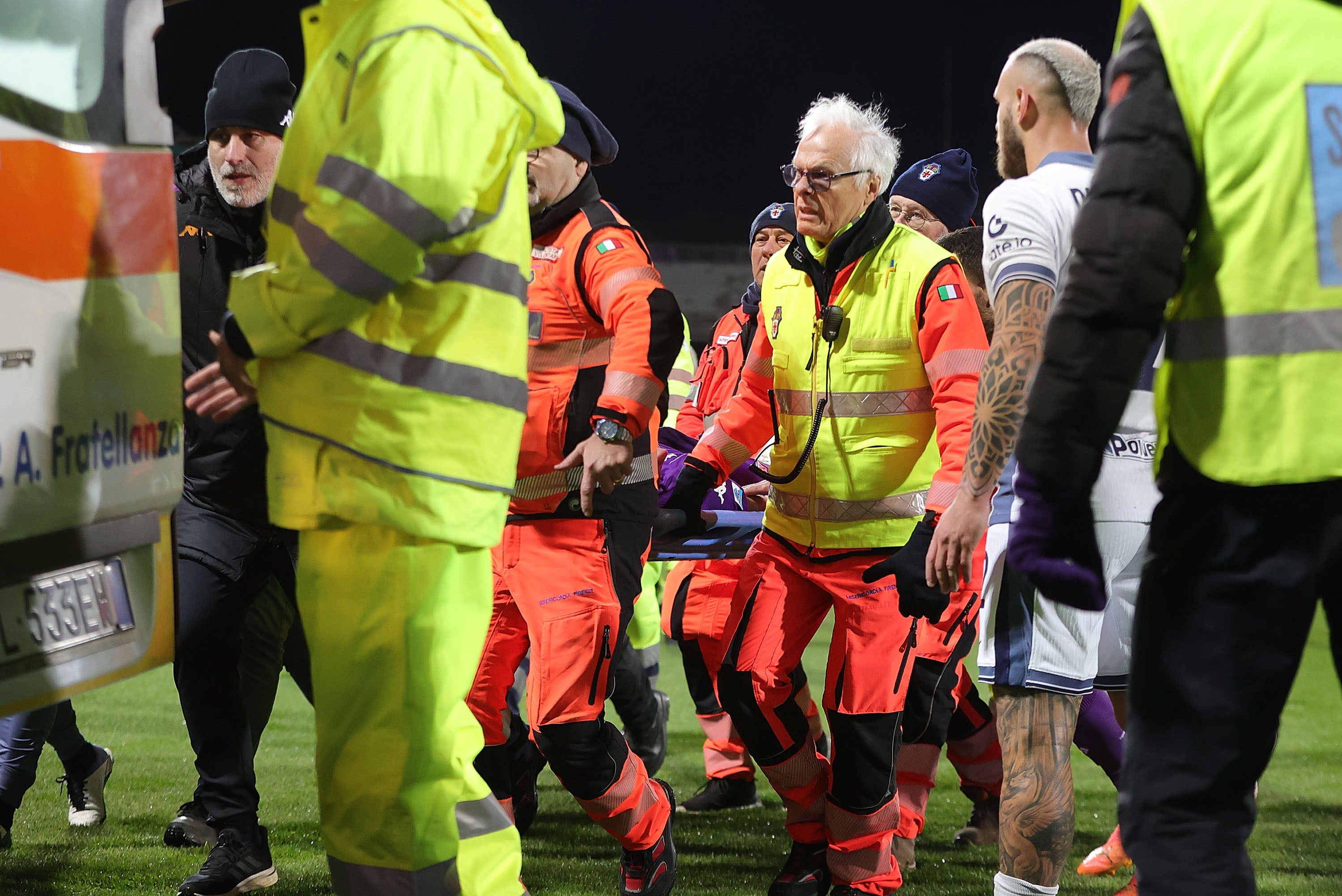 Edoardo Bove of ACF Fiorentina is taken by ambulance