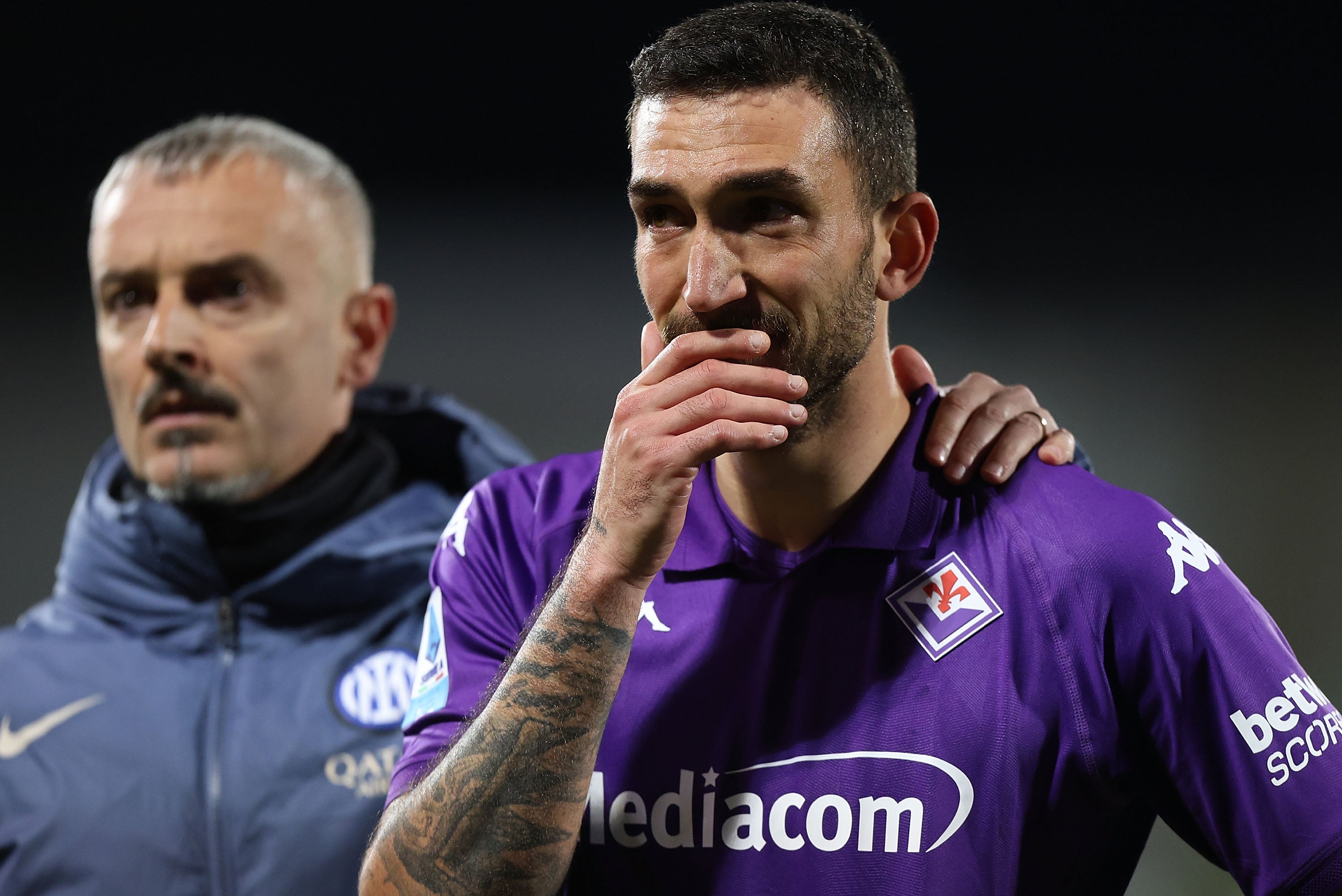 Danilo Cataldi of Fiorentina reacts after Edoardo Bove collapses