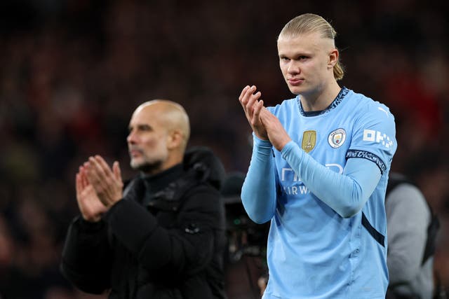 <p>Manchester City’s Norwegian striker Erling Haaland applauds the fans</p>