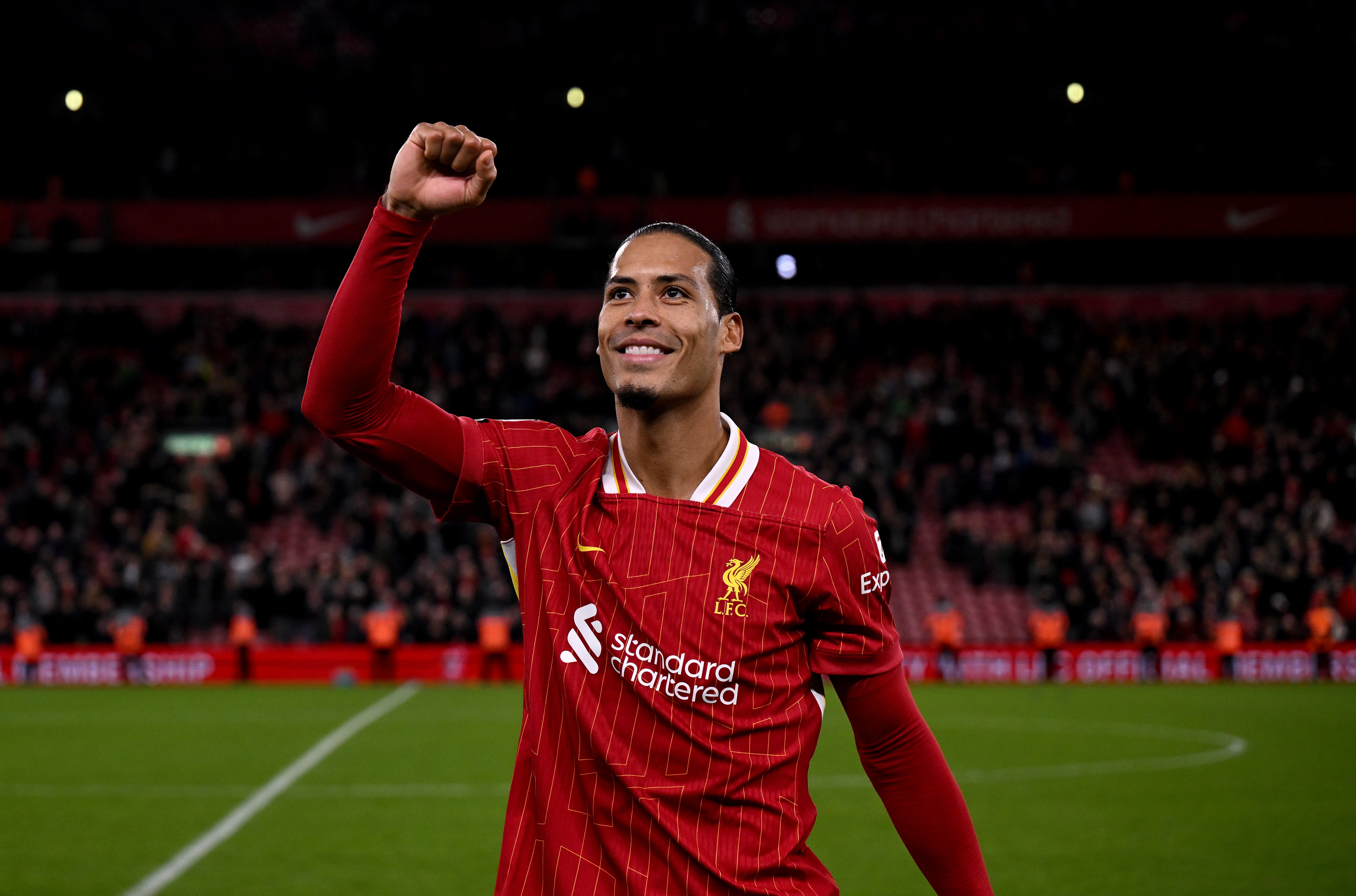 Virgil van Dijk shows his appreciation to the Liverpool fans