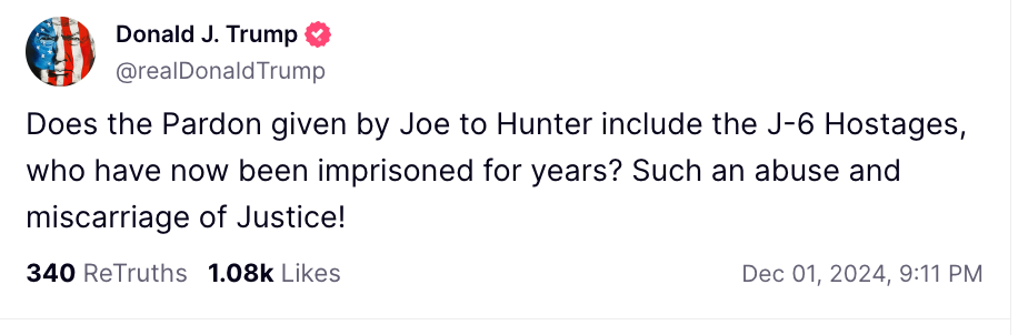 Writing on Truth Social on Sunday night Trump called Hunter Biden’s presidential pardon an ‘abuse and miscarriage of Justice’
