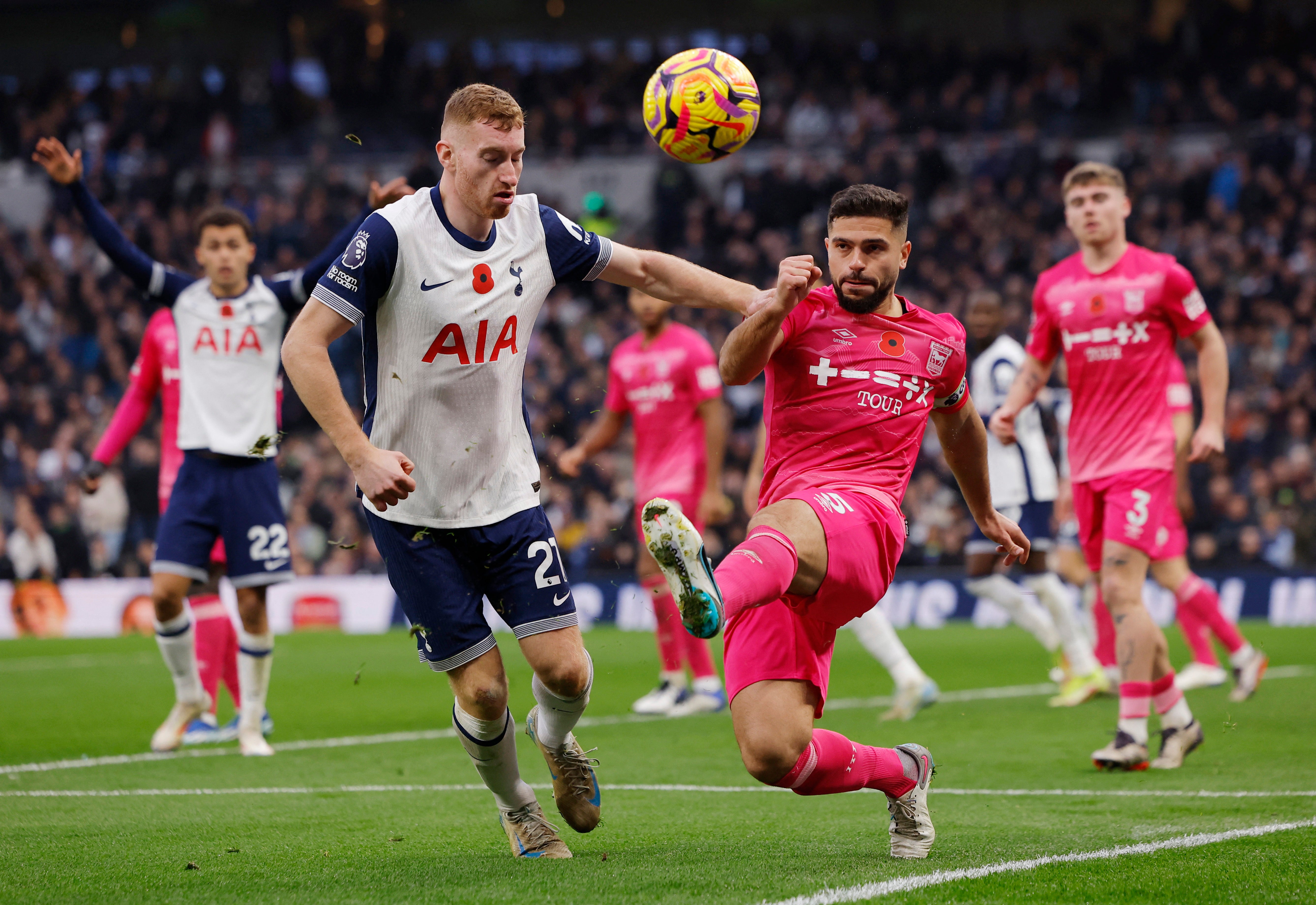 Tottenham Hotspur's Dejan Kulusevski in action with Ipswich Town's Sam Morsy