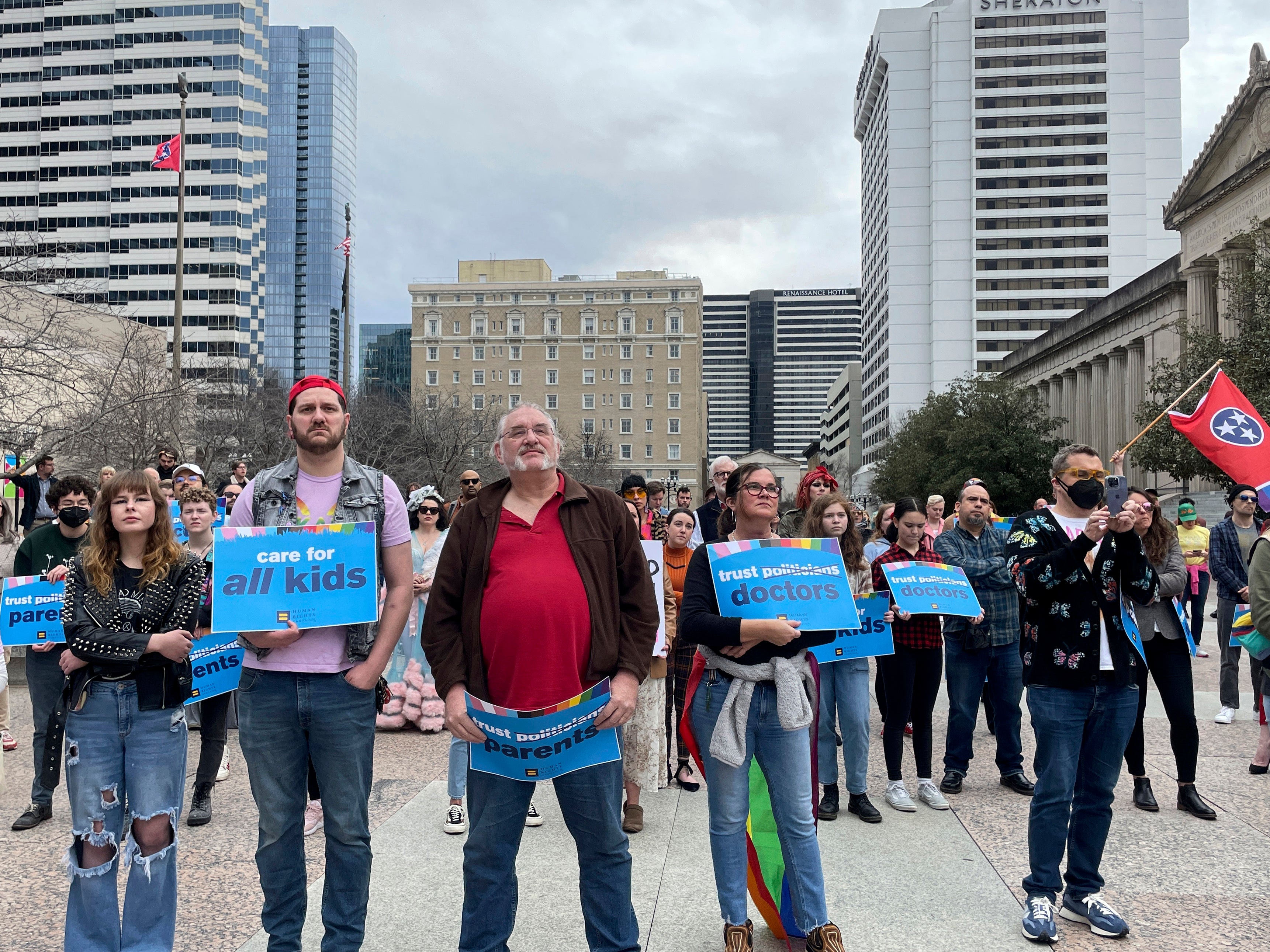 Advocates gather for a rally at the state Capitol complex in Nashville, Tennessee, to oppose a series of bills that target transgender healthcare in 2023