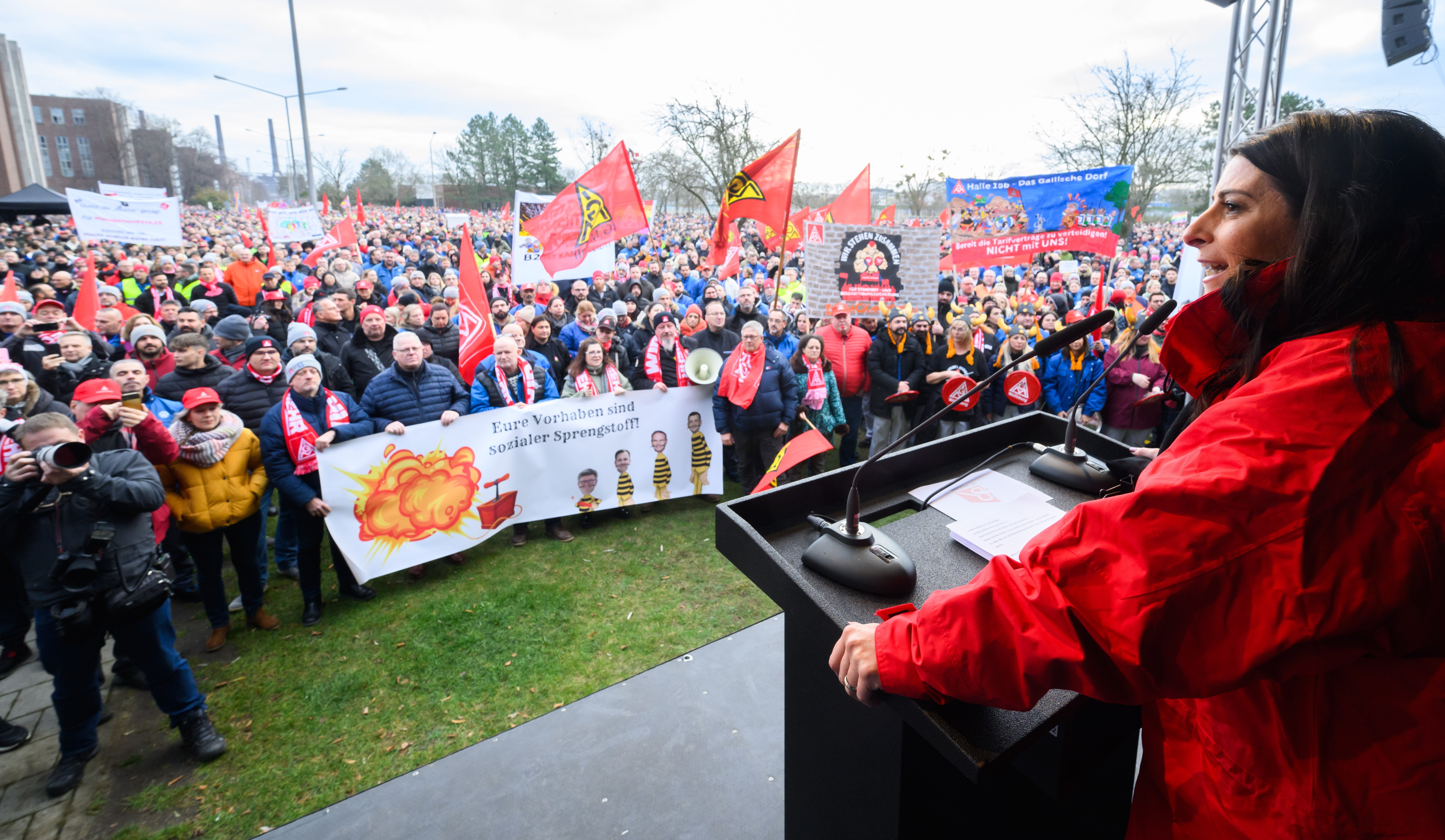 Daniela Cavallo, Chairwoman of the Volkswagen General Works Council, speaks at a strike rally on the site of the Volkswagen (VW) main plant in Wolfsburg, Germany