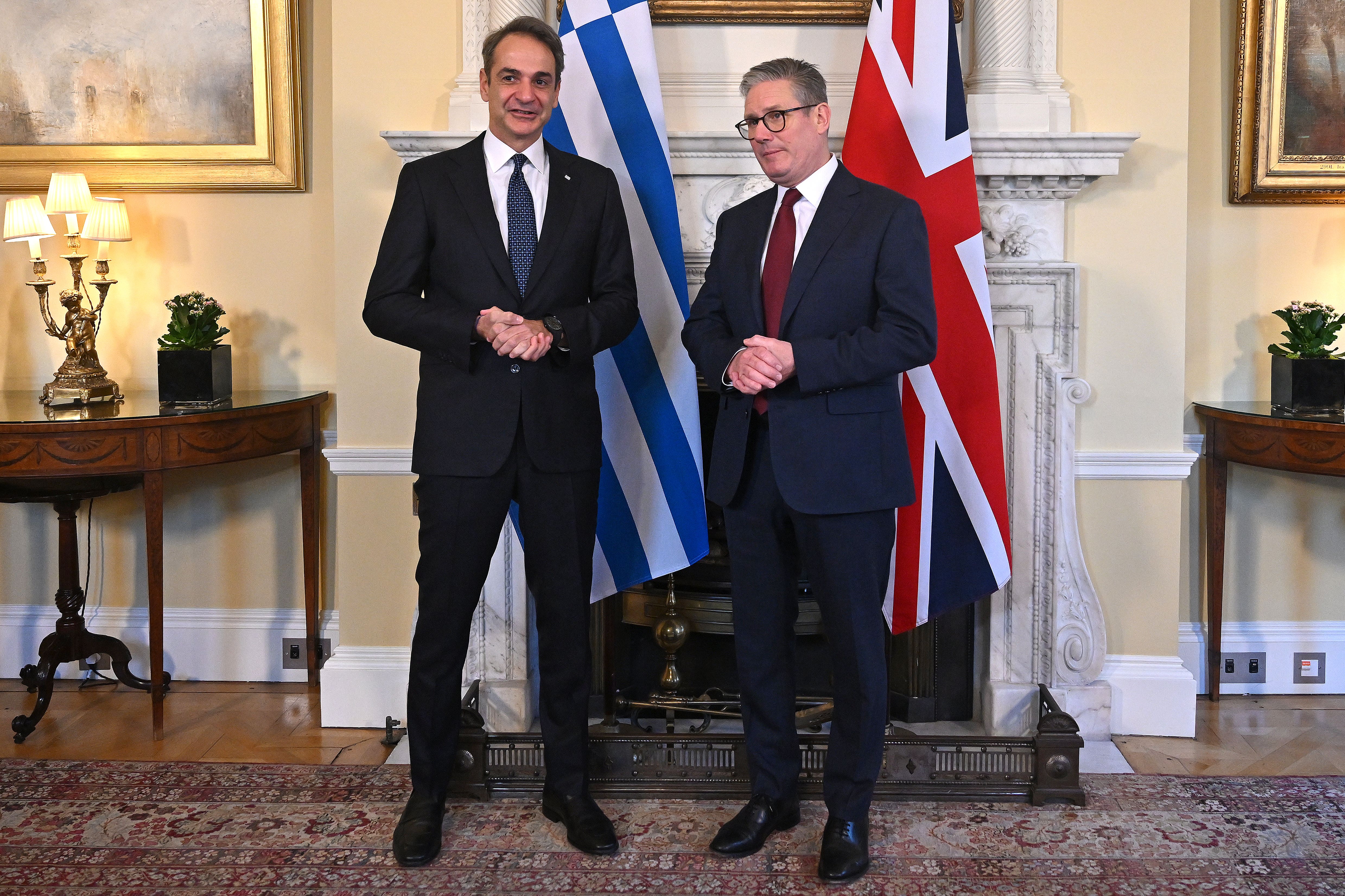 Prime Minister Sir Keir Starmer (right) welcomes the Prime Minister of Greece, Kyriakos Mitsotakis to Downing Street (Justin Tallis/PA)