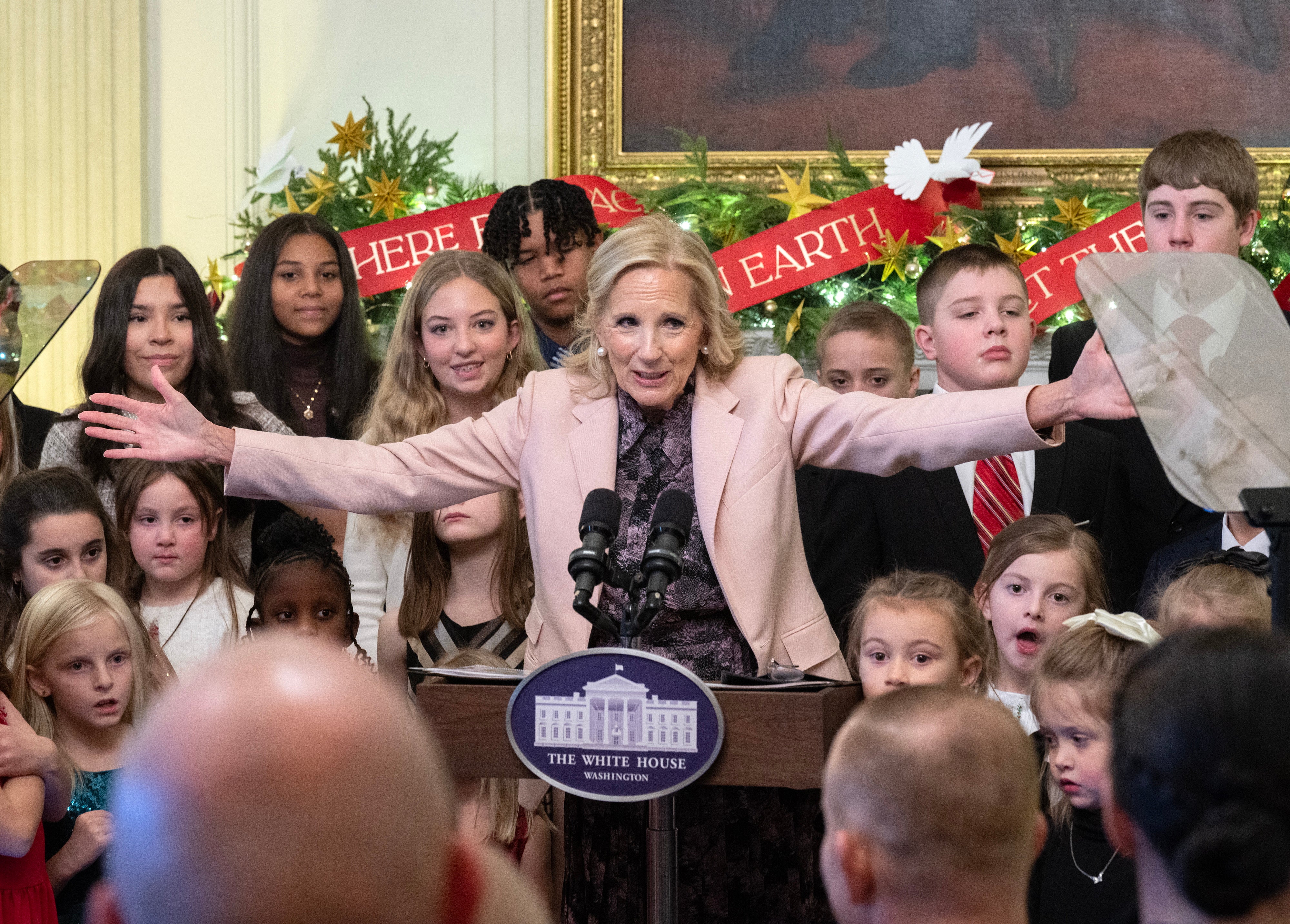 First Lady Jill Biden speaks to National Guard families from across the country, who were the first public members to view the 2024 White House Christmas decorations on Monday. Republicans are already bashing her holiday decorations on social media