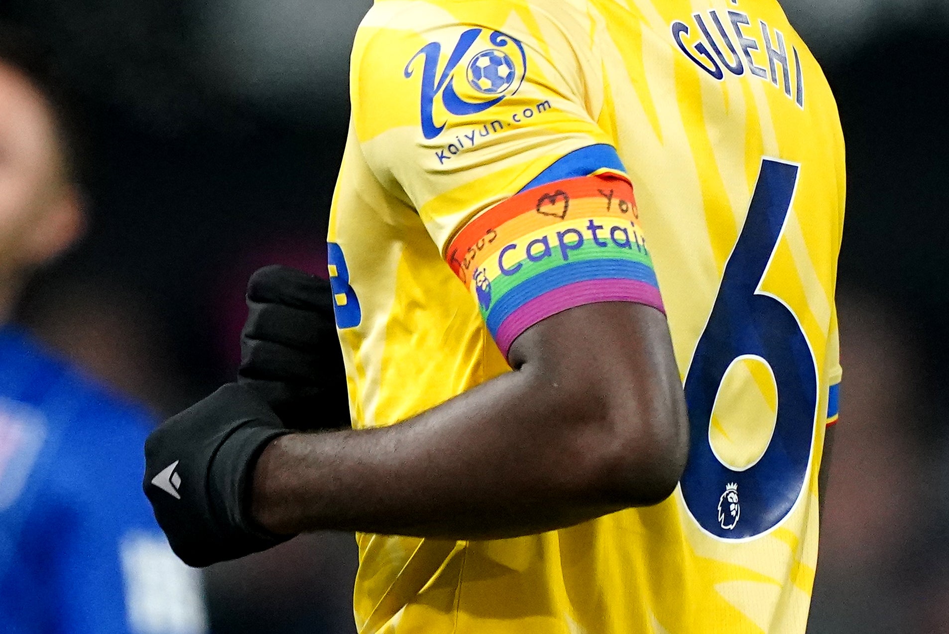 Crystal Palace’s Marc Guehi wearing the rainbow armband with the words ‘I love Jesus’