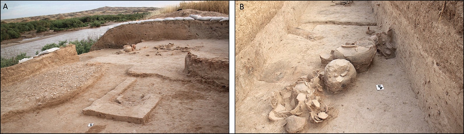 Cooking and serving area to the east of the pillared hall, left, and a storage area to the west