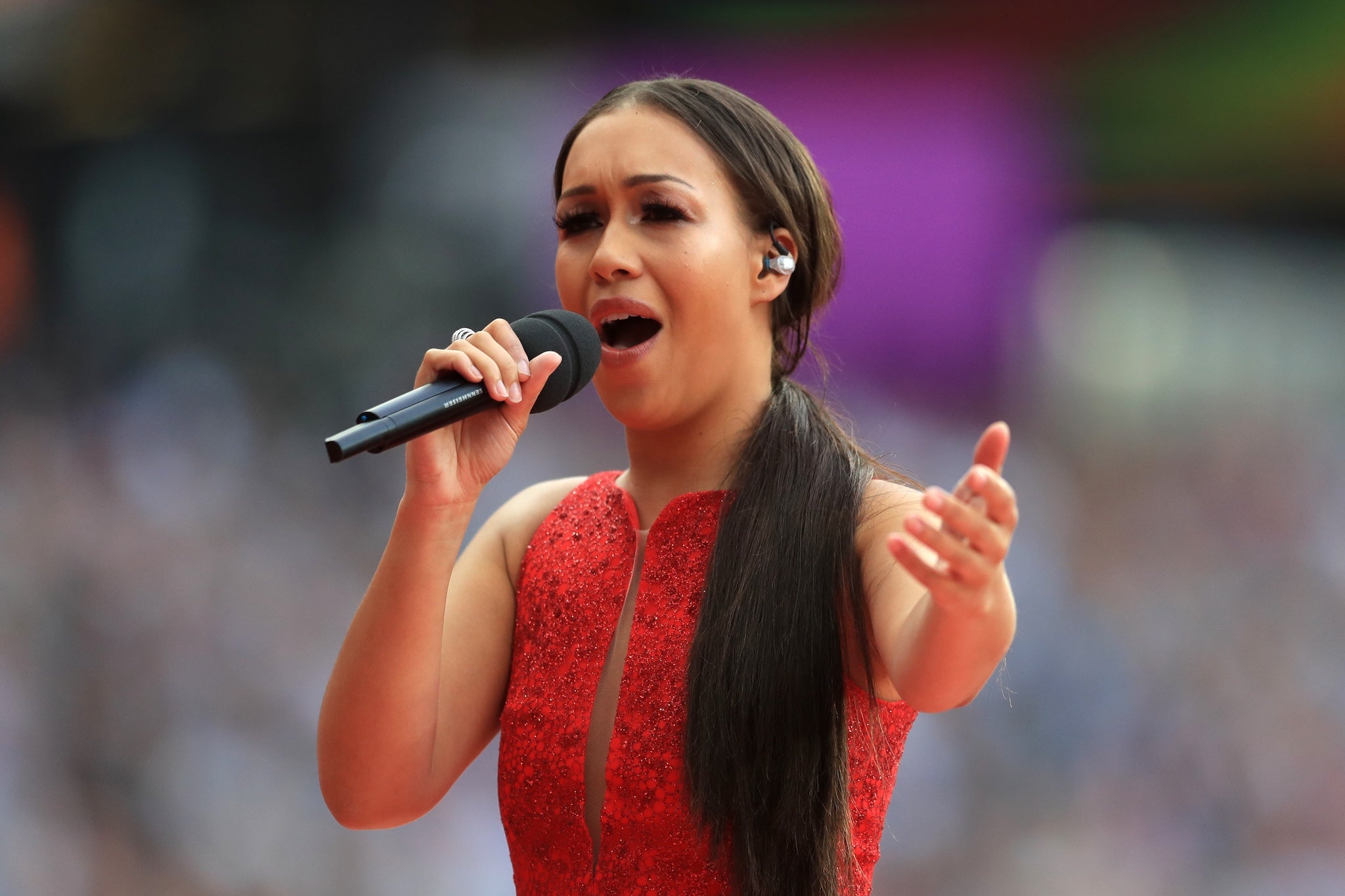 British pride: Rebecca Ferguson sings the national anthem at the 2017 IAAF World Championships at the London Stadium