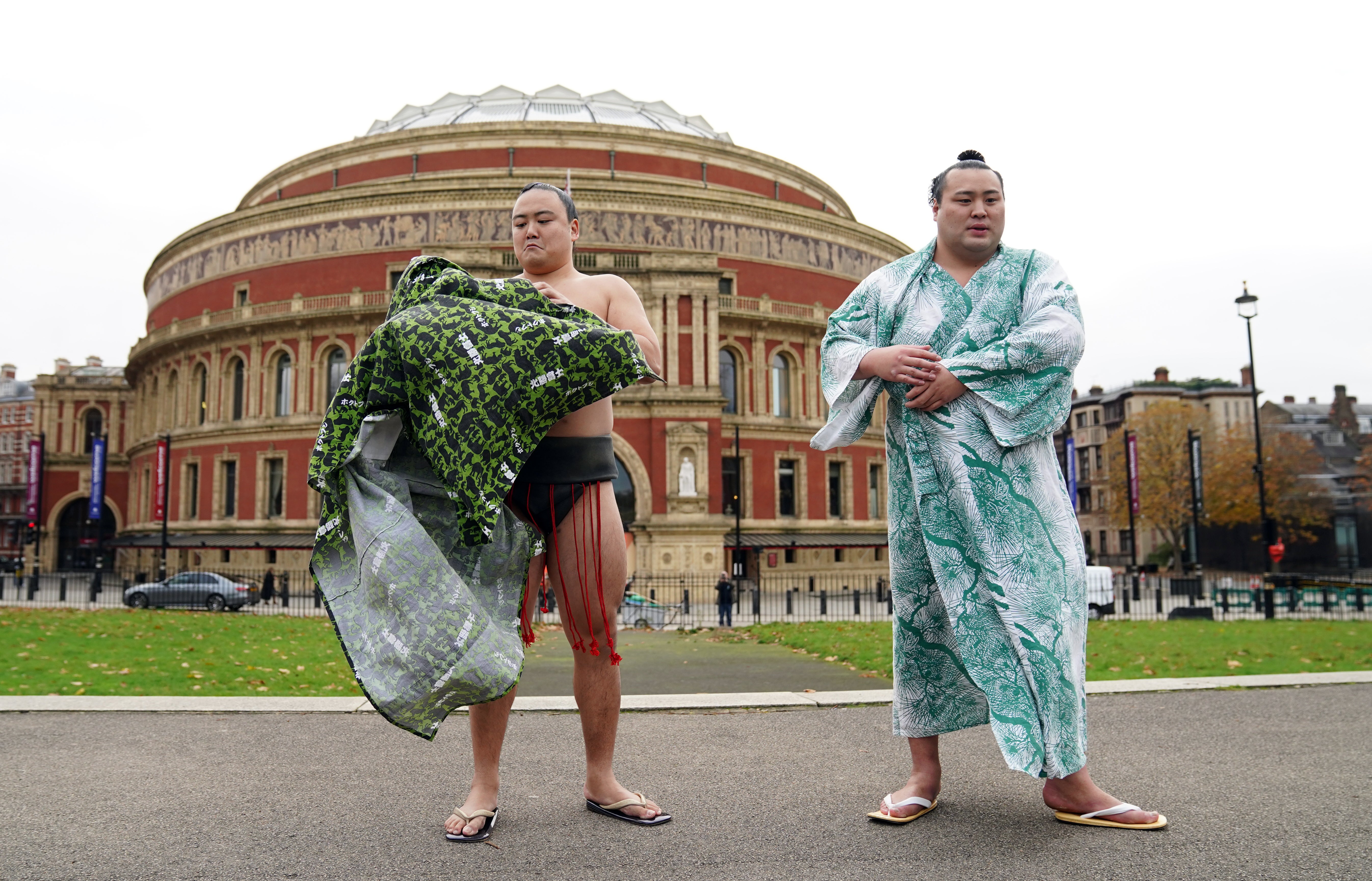 Sumo wrestlers Kitanowaka Daisuke (right) and Fukutsuumi Akira outside the Royal Albert Hall, London, following The Grand Sumo Tournament press conference