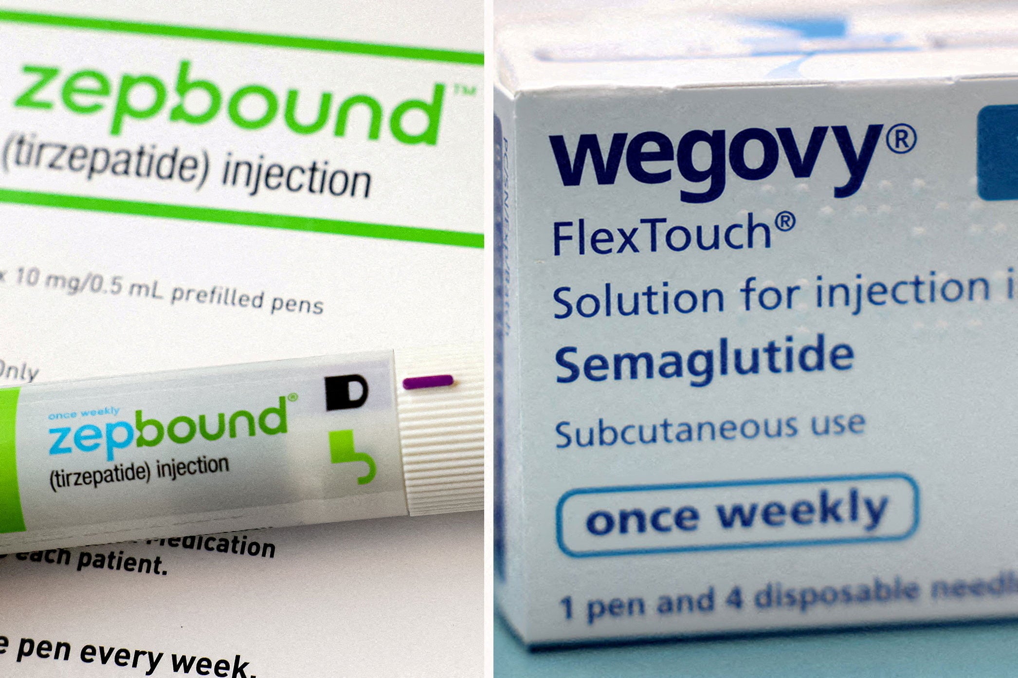 An injection pen of Zepbound, Eli Lilly’s weight loss drug, is seen next to boxes of Novo Nordisk’s Wegovy earlier this year. Novo Nordisk said it would wait for the complete data to come out before responding to the study