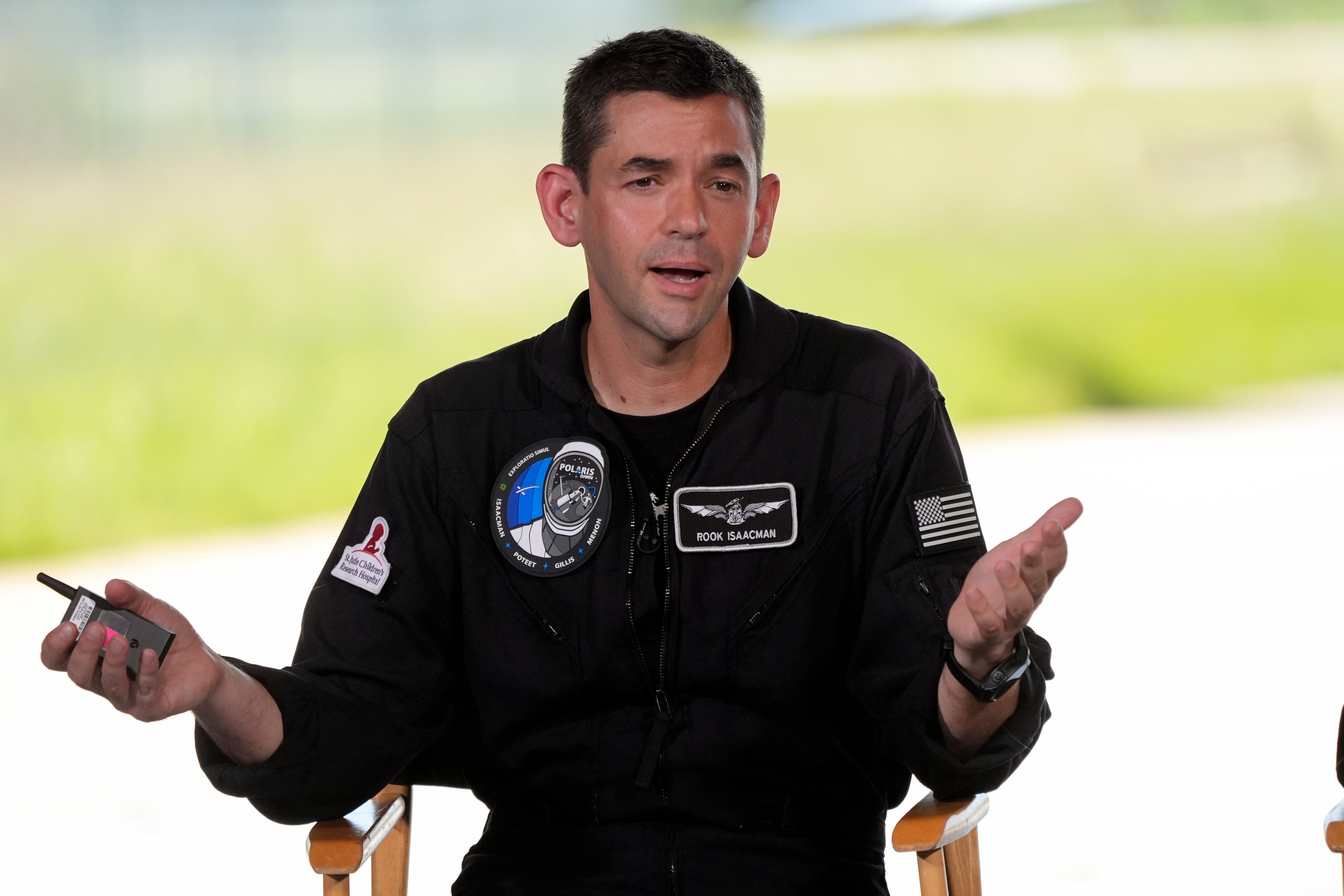 Commander Jared Isaacman speaks at a news conference in Florida at NASA’s Kennedy Space Center in August. Isaacman’s call sign is ‘Rook’