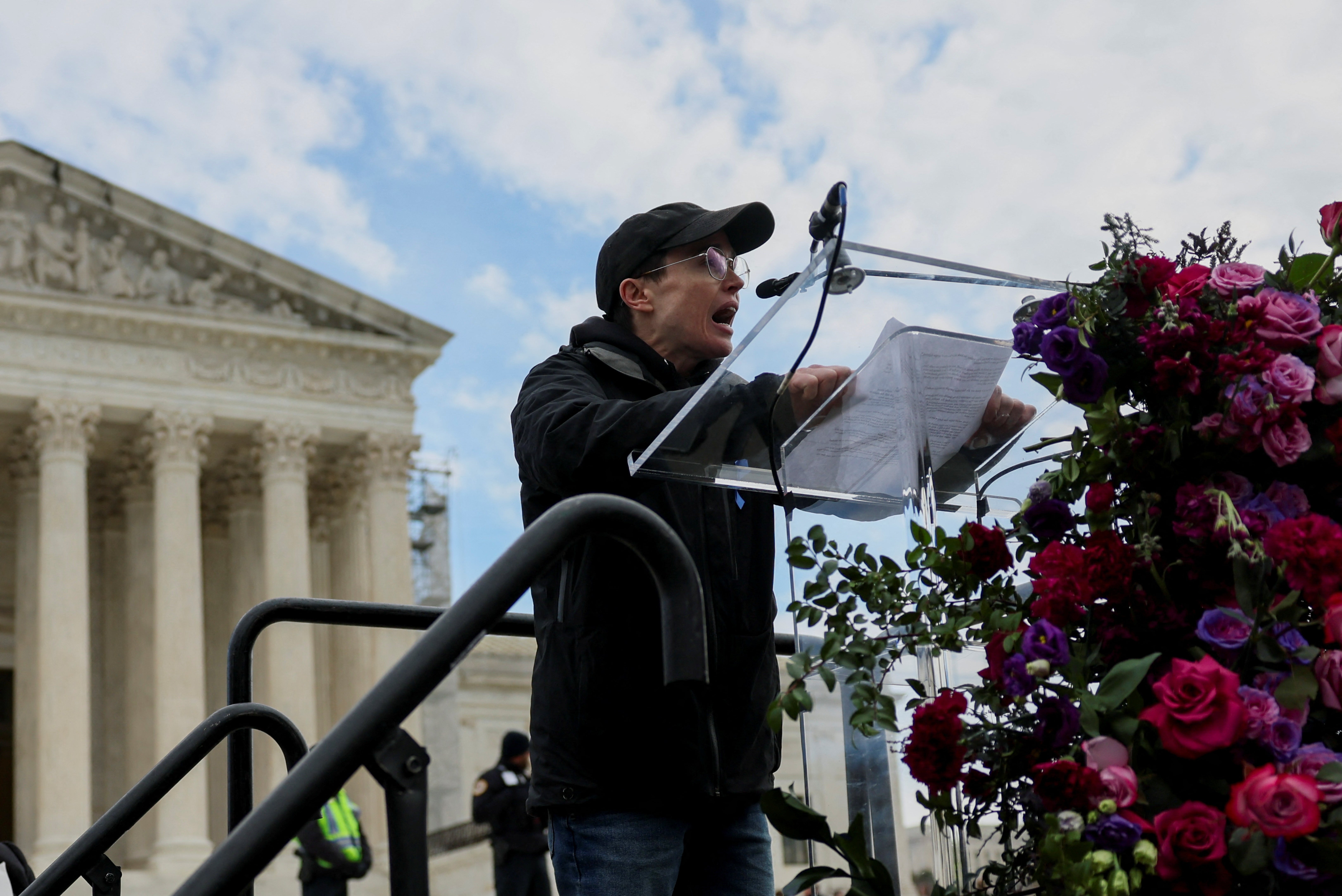 Transgender actor Elliot Page speaks outside the Supreme Court on December 4 as advocates rally to support plaintiffs seeking to strike down Tennessee law that bans gender-affirming healthcare for trans youth