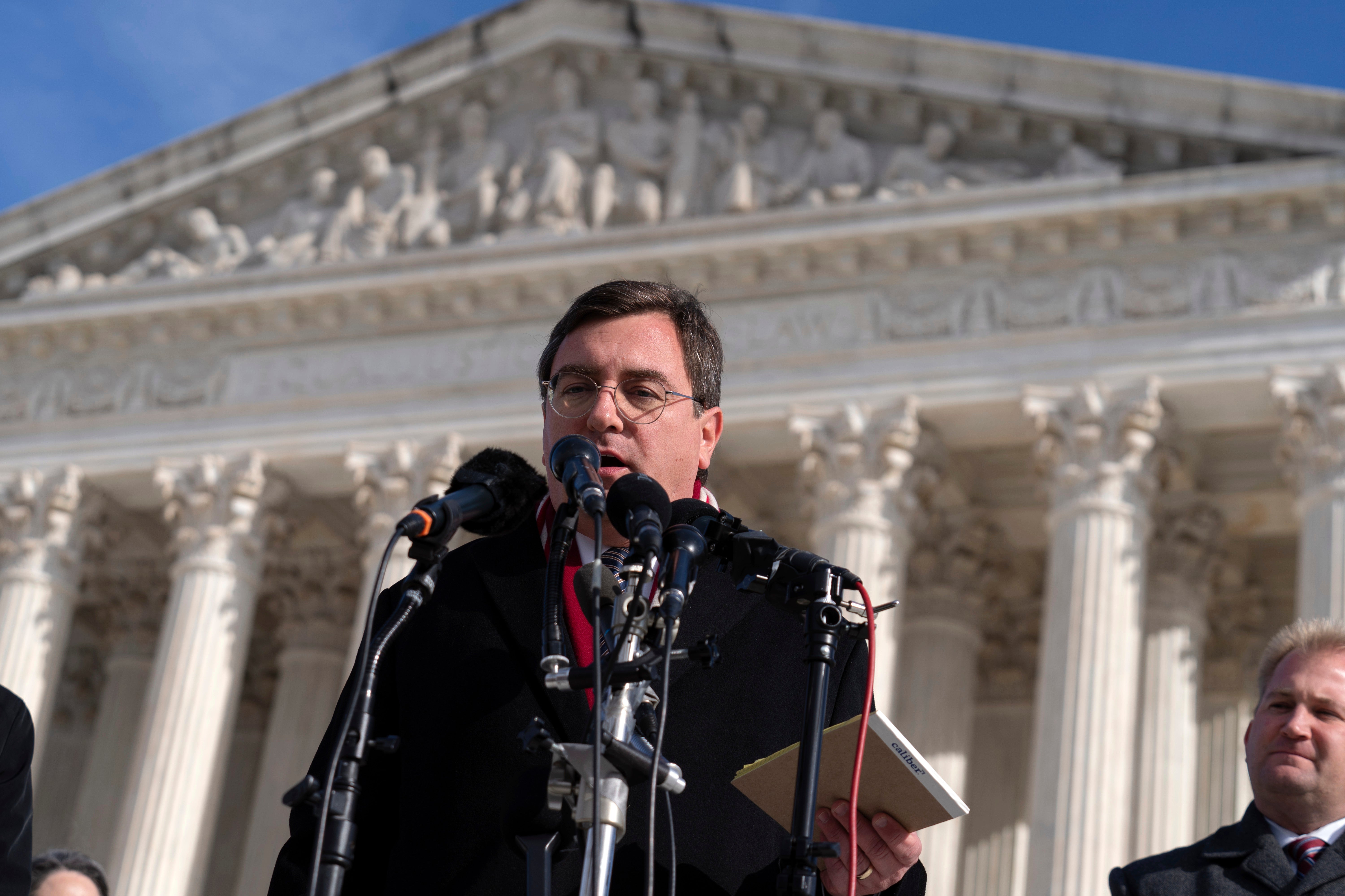 Tennessee Attorney General Jonathan Skrmetti, who is fighting to uphold state law banning gender-affirming care for transgender youth in his state, speaks outside the Supreme Court on December 4