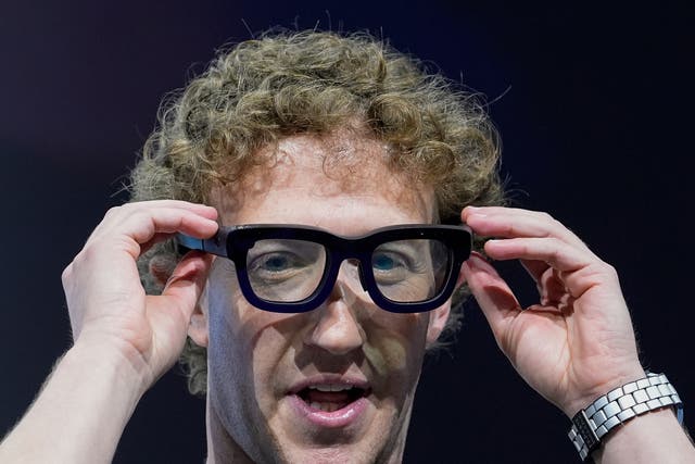 <p>Mark Zuckerberg wears a pair of Orion AR glasses during the Meta Connect conference Wednesday, Sept. 25, 2024, in Menlo Park, California </p>